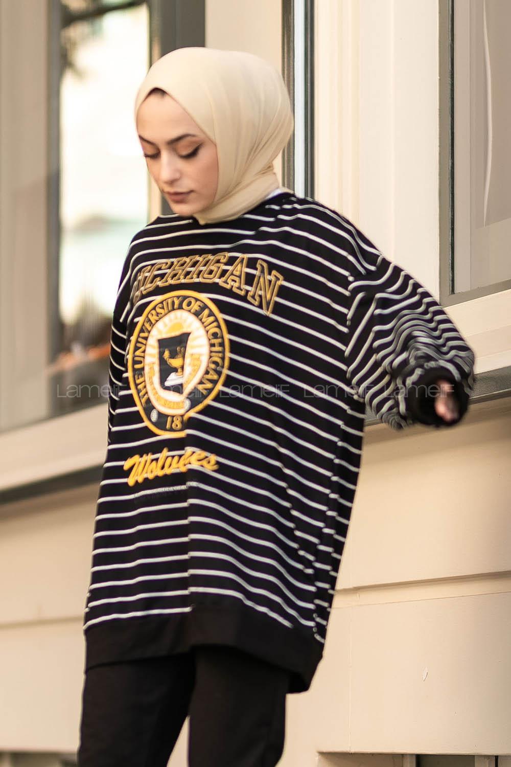 Modalamelif Mıchıgan Yazı Baskılı Çizgi Desenli Sweat Siyah-Beyaz