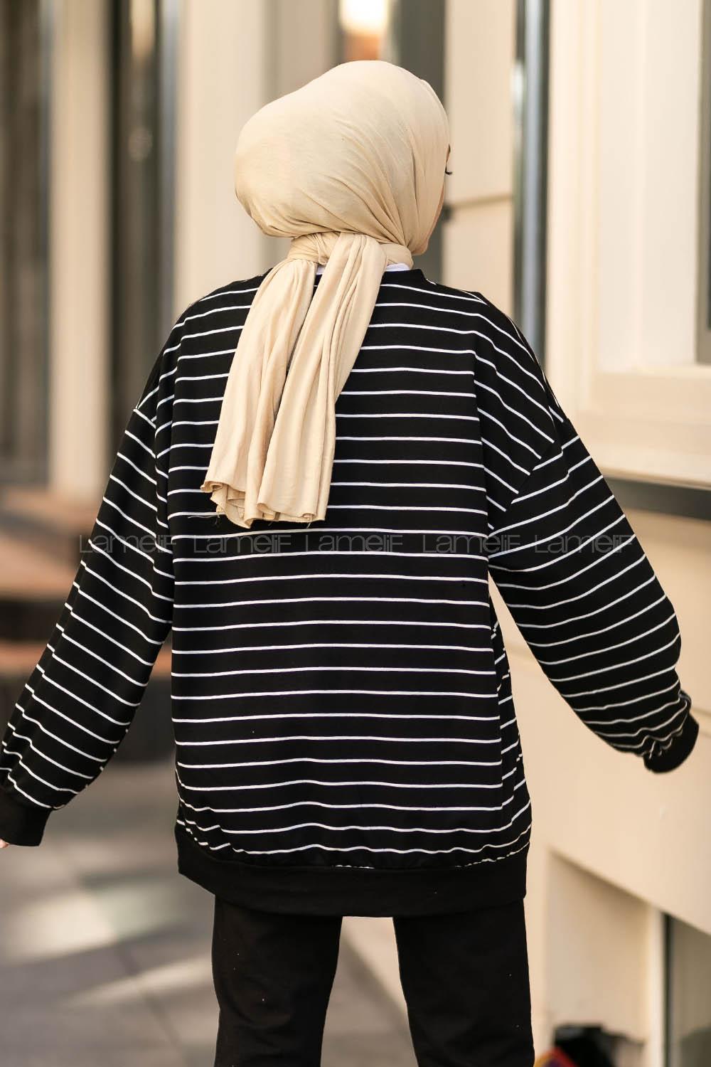 Modalamelif Mıchıgan Yazı Baskılı Çizgi Desenli Sweat Siyah-Beyaz