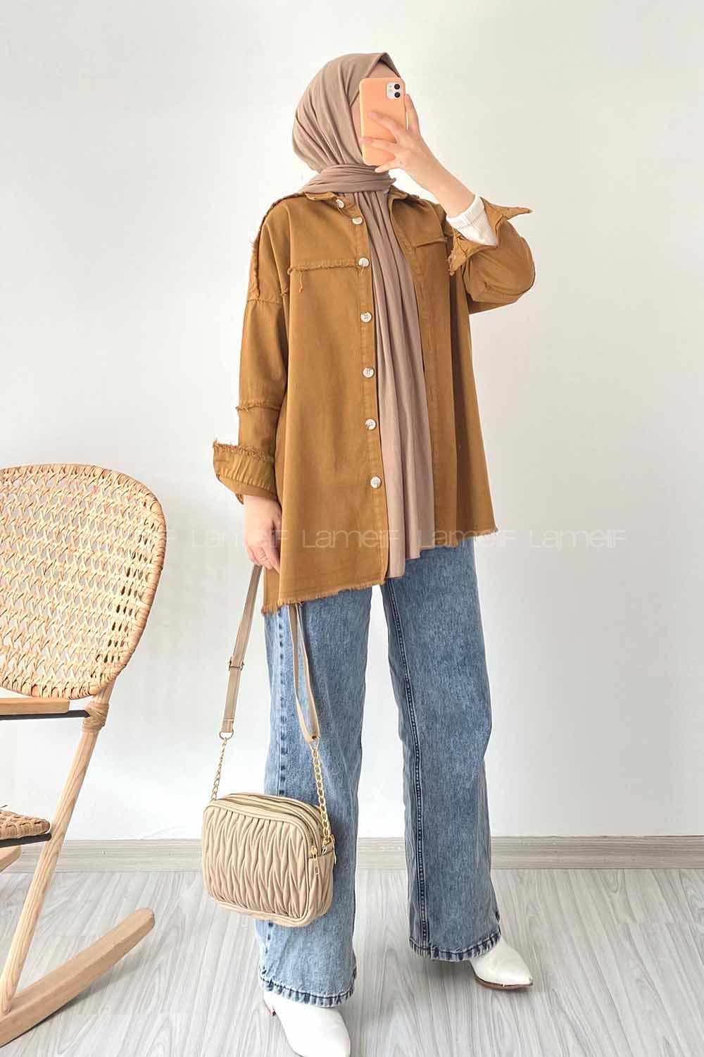 Modalamelif Önü Düğmeli Püskül Detaylı Yıkamalı Gömlek Camel