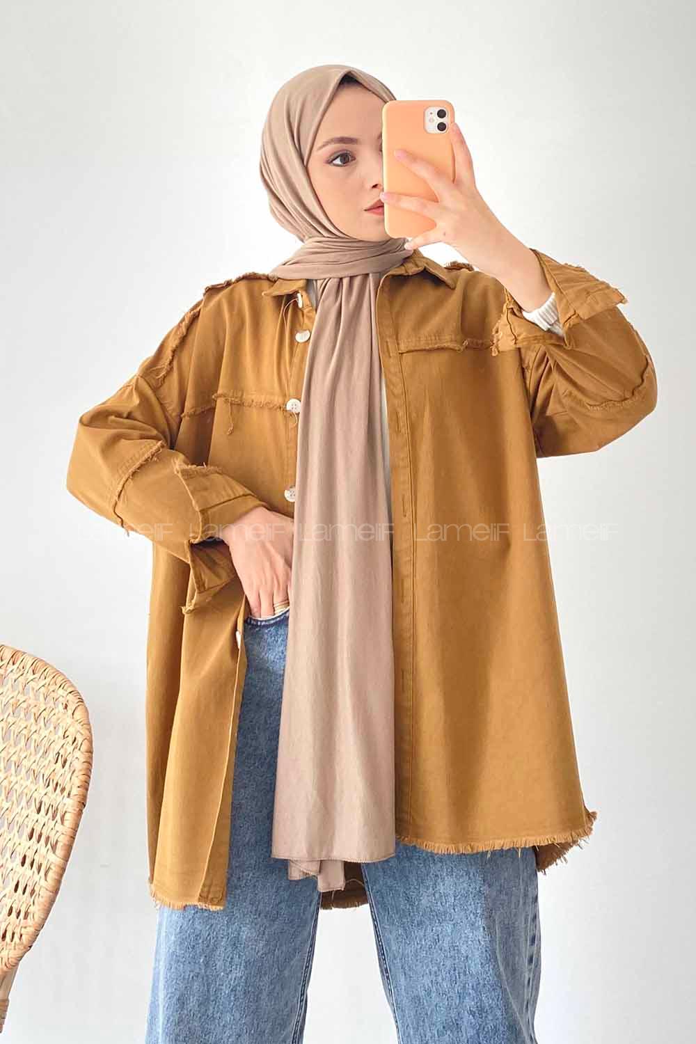 Modalamelif Önü Düğmeli Püskül Detaylı Yıkamalı Gömlek Camel