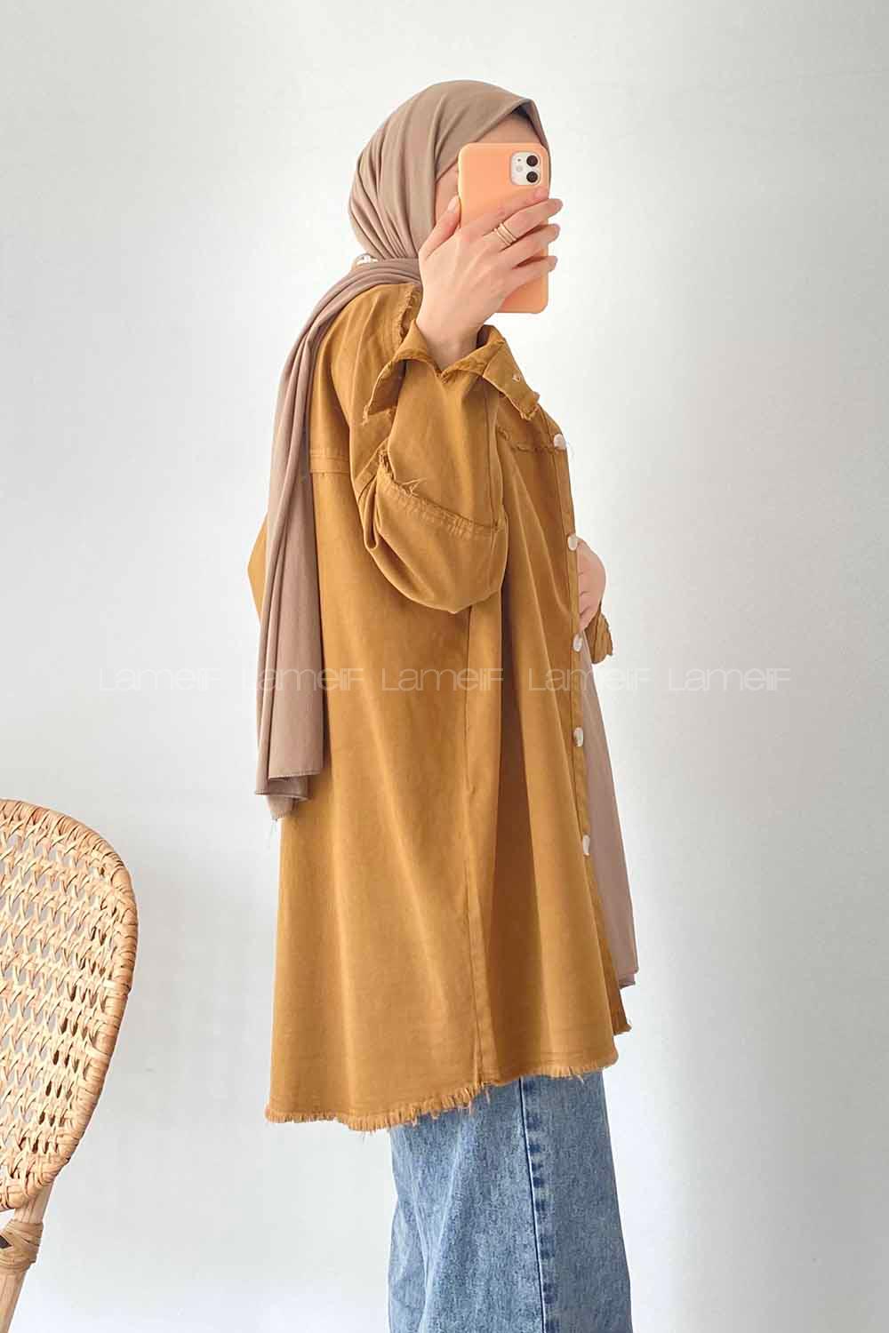 Modalamelif Önü Düğmeli Püskül Detaylı Yıkamalı Gömlek Camel