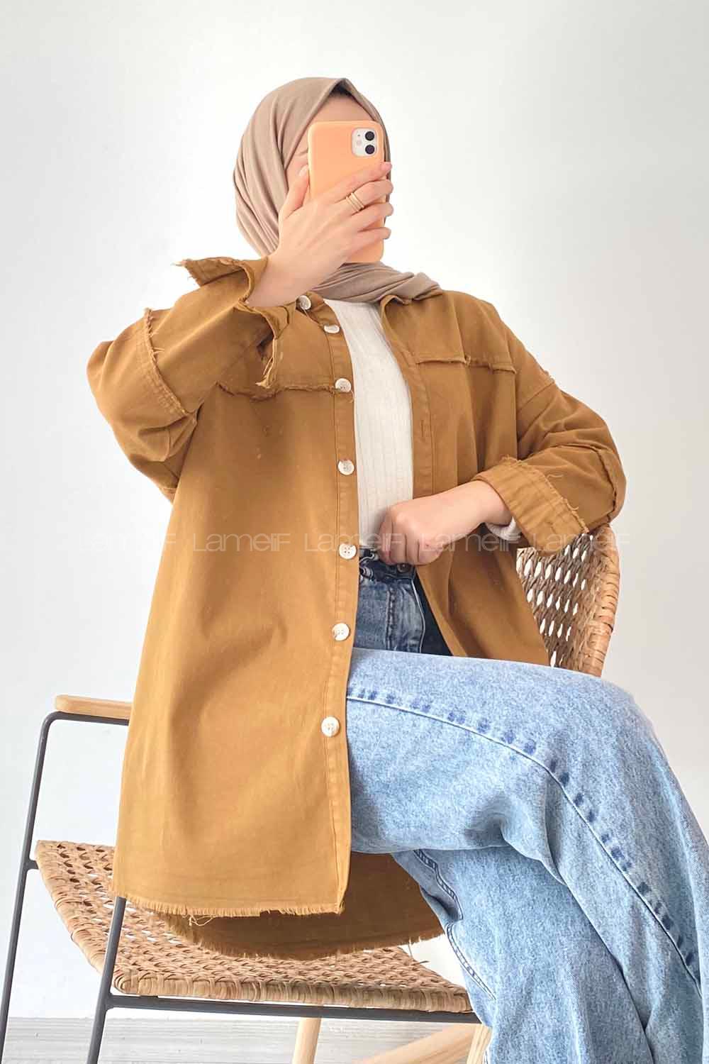 Modalamelif Önü Düğmeli Püskül Detaylı Yıkamalı Gömlek Camel