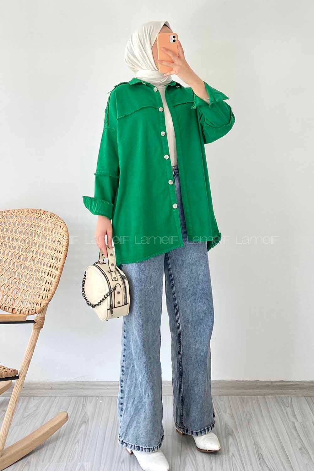 Modalamelif Önü Düğmeli Püskül Detaylı Yıkamalı Gömlek Yeşil