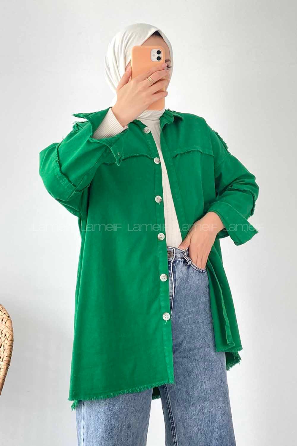 Modalamelif Önü Düğmeli Püskül Detaylı Yıkamalı Gömlek Yeşil