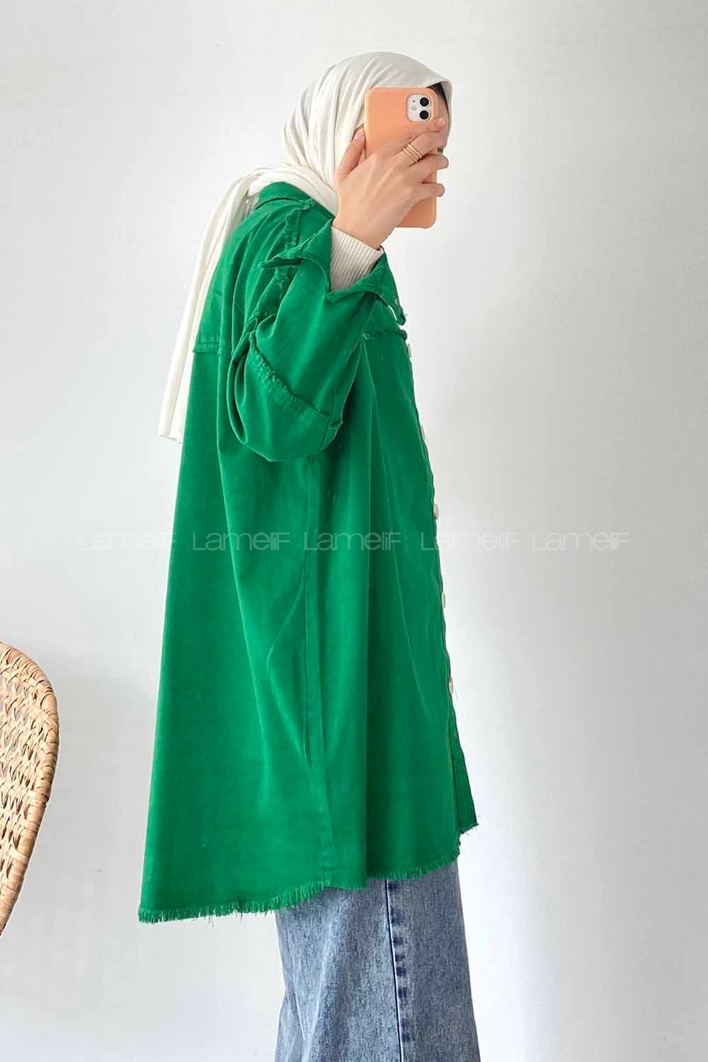Modalamelif Önü Düğmeli Püskül Detaylı Yıkamalı Gömlek Yeşil
