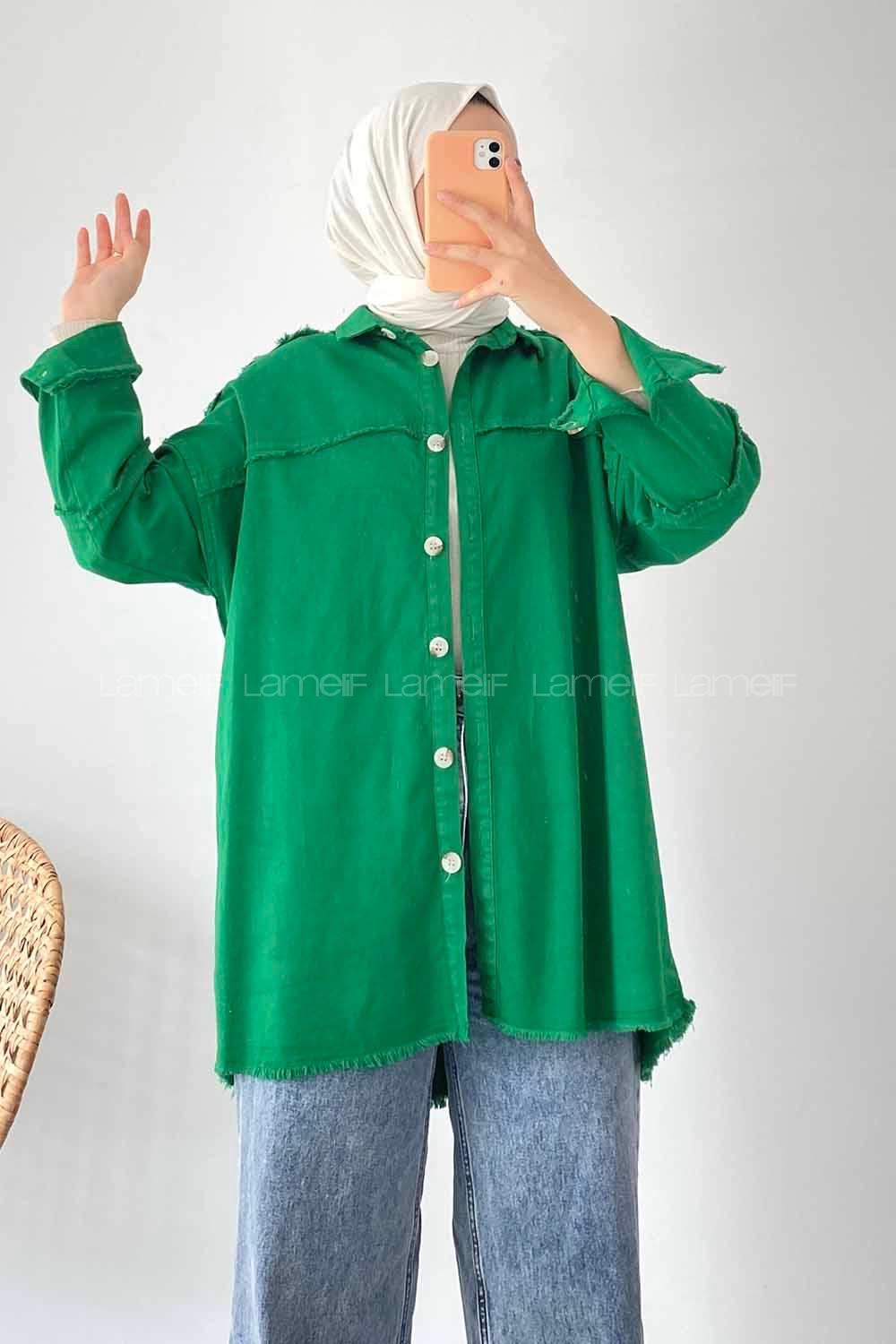Modalamelif Önü Düğmeli Püskül Detaylı Yıkamalı Gömlek Yeşil