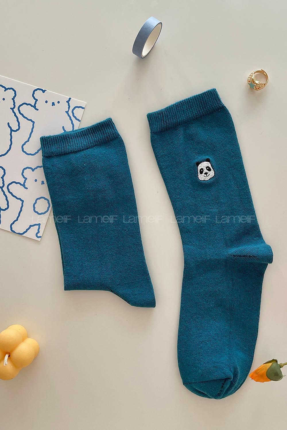 Modalamelif Panda Nakış İşlemeli Soket Çorap İndigo