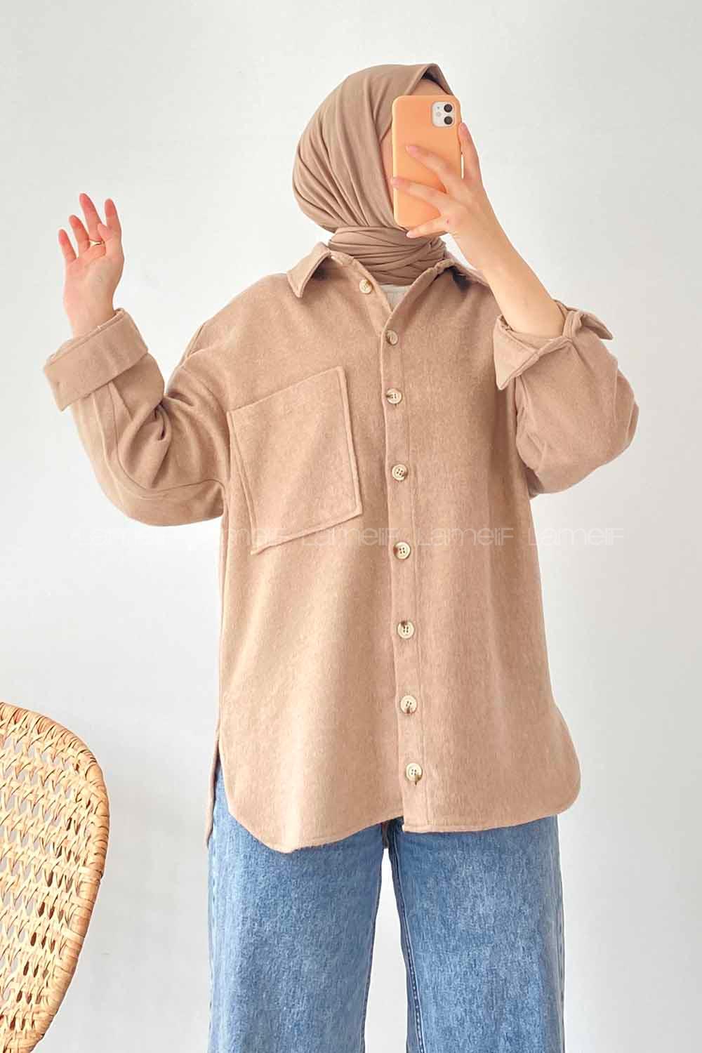Modalamelif Tek Cepli Boydan Düğme Detaylı Kaşe Gömlek Bej