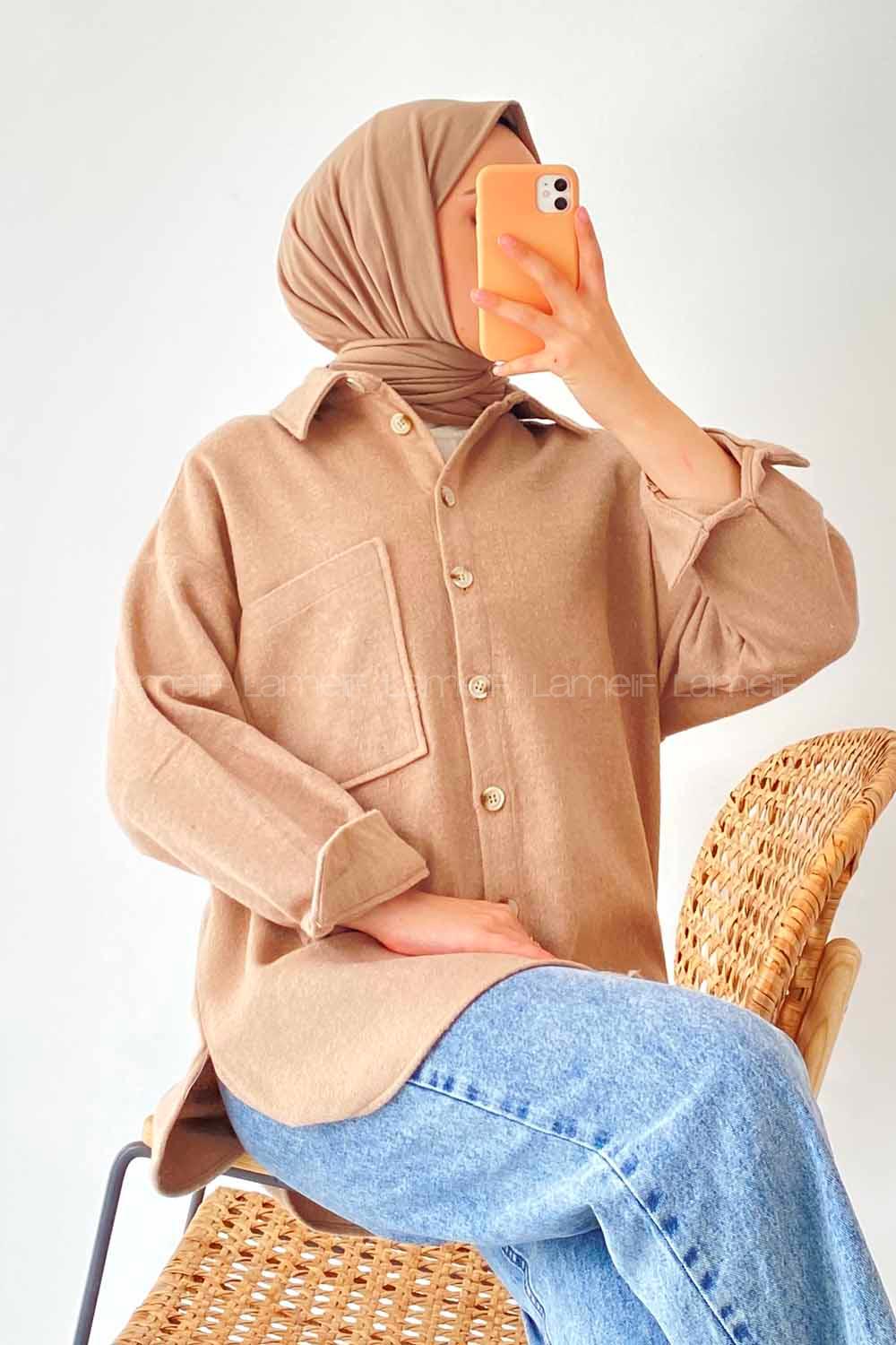 Modalamelif Tek Cepli Boydan Düğme Detaylı Kaşe Gömlek Bej