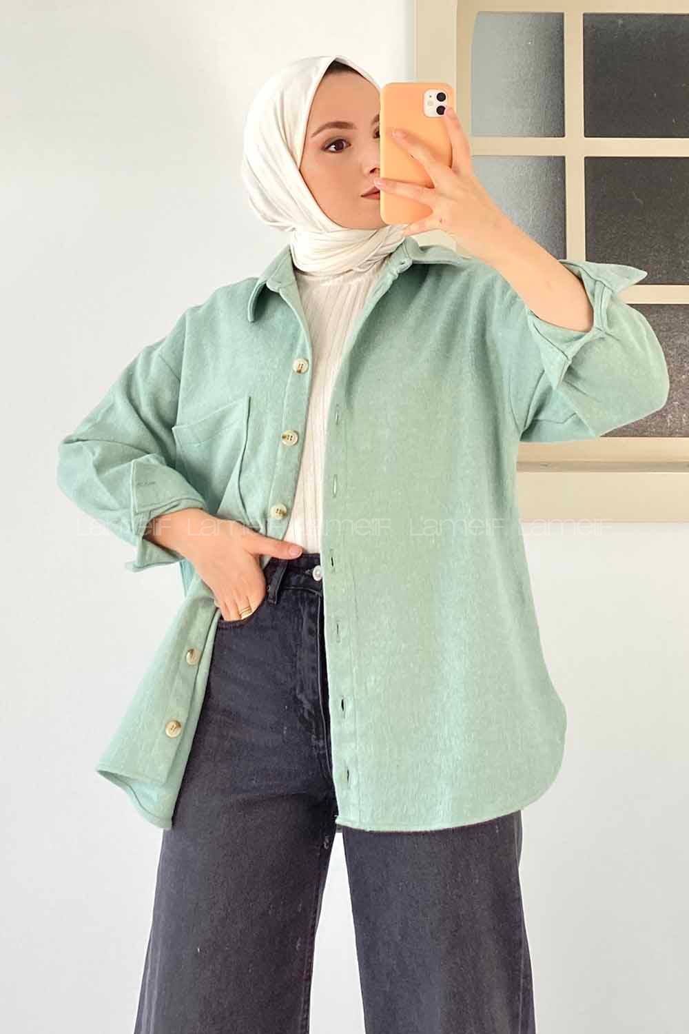 Modalamelif Tek Cepli Boydan Düğme Detaylı Kaşe Gömlek Mint Yeşili