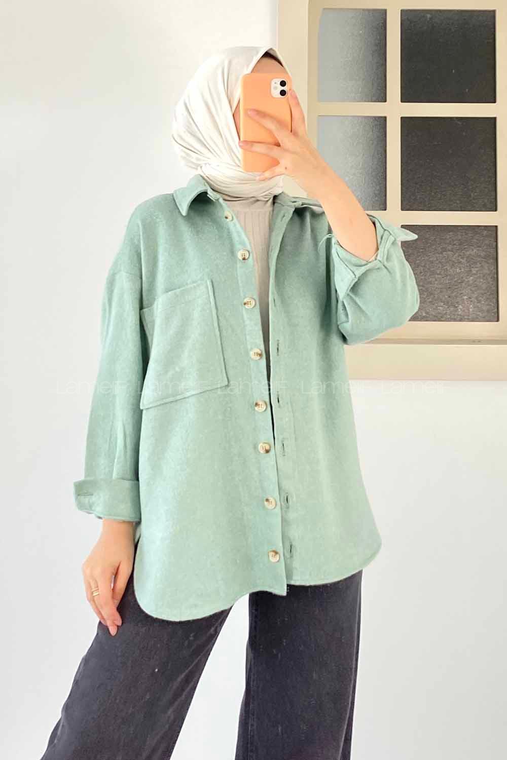 Modalamelif Tek Cepli Boydan Düğme Detaylı Kaşe Gömlek Mint Yeşili