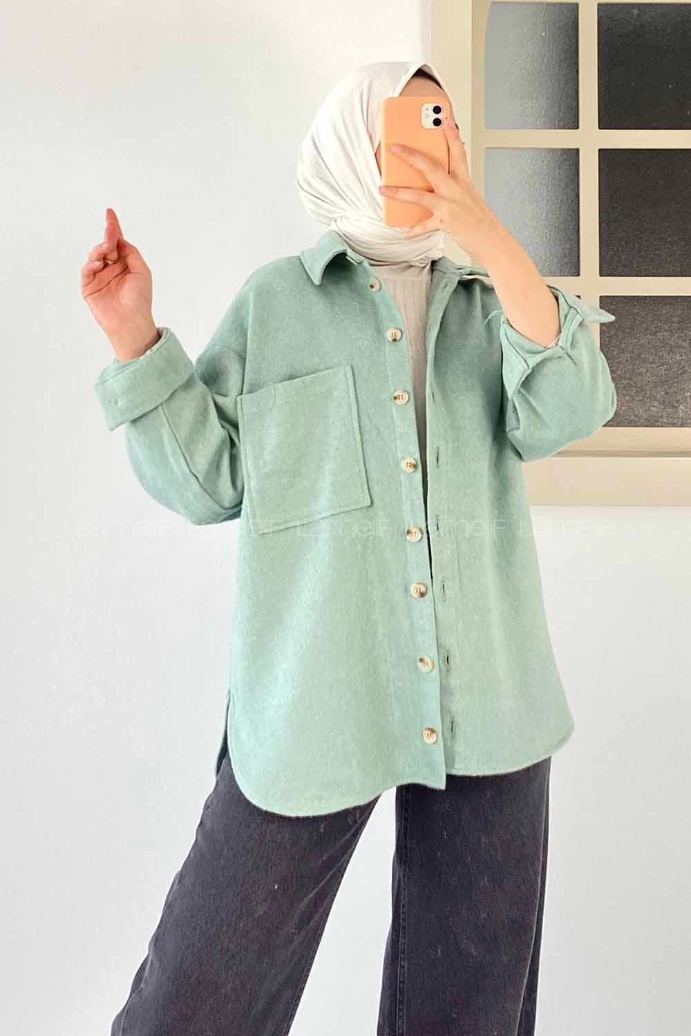 Modalamelif Tek Cepli Boydan Düğme Detaylı Kaşe Gömlek Mint Yeşili