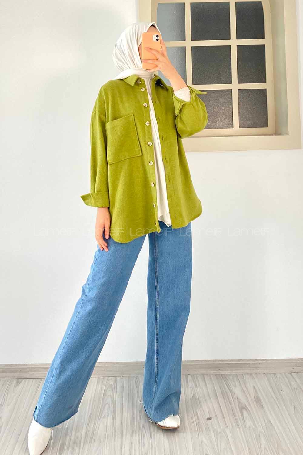Düğme Detaylı Kaşe Gömlek Yağ Yeşili
