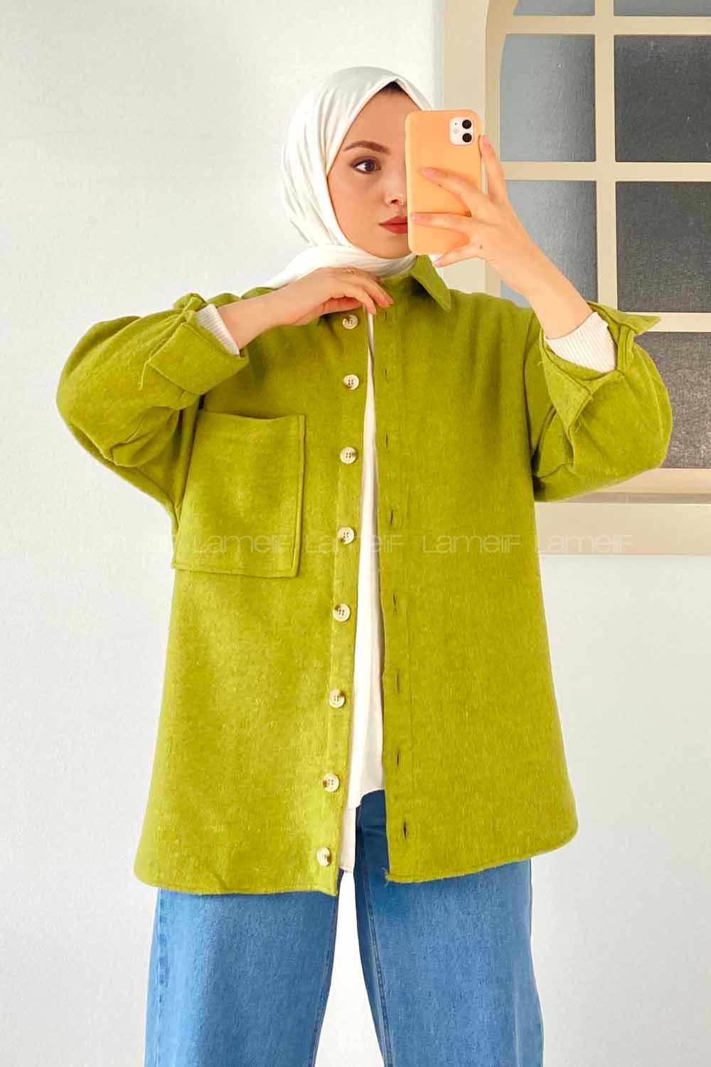 Düğme Detaylı Kaşe Gömlek Yağ Yeşili