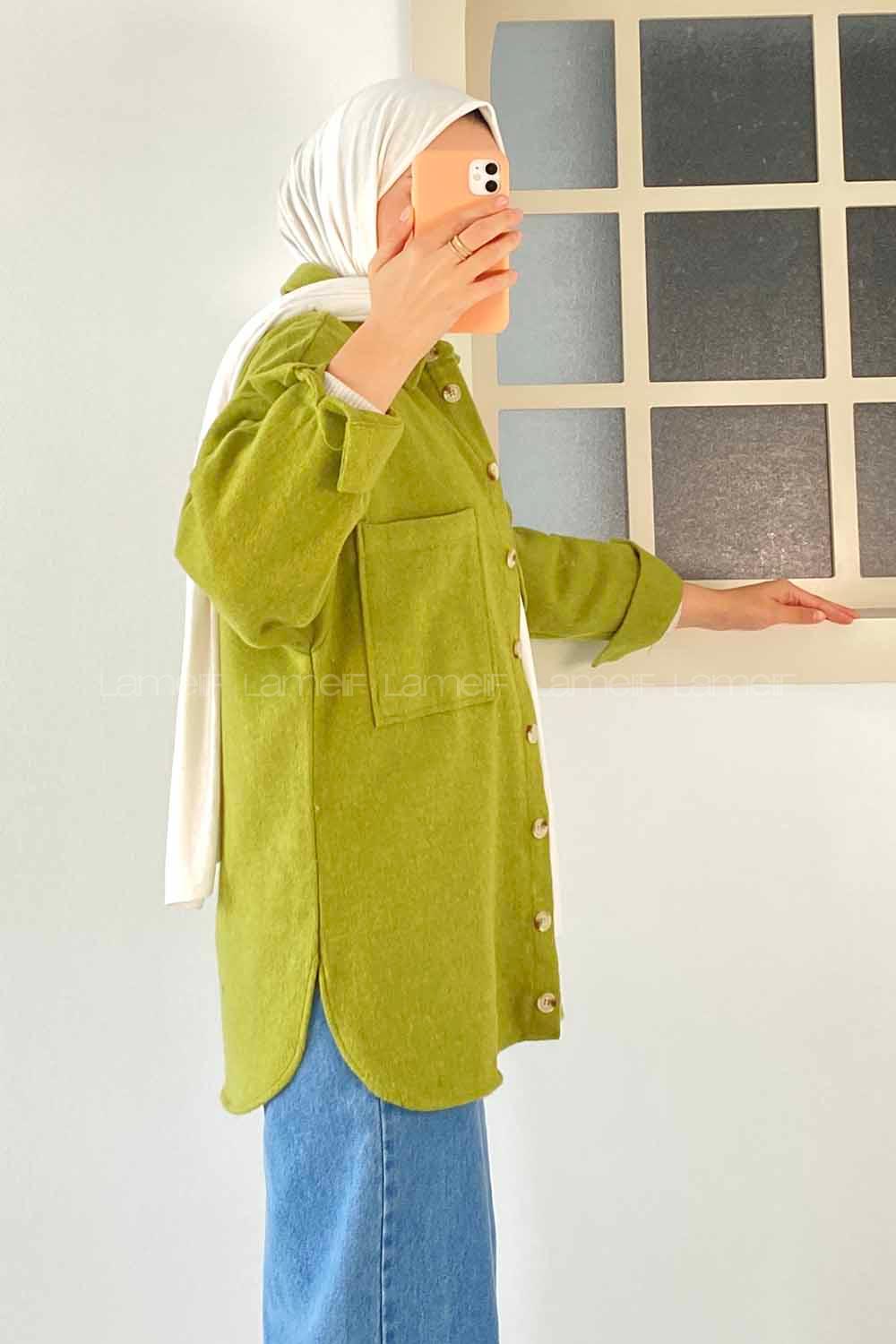 Düğme Detaylı Kaşe Gömlek Yağ Yeşili