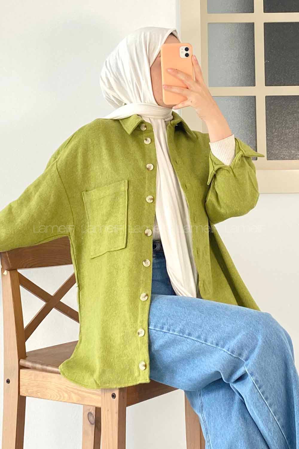 Düğme Detaylı Kaşe Gömlek Yağ Yeşili