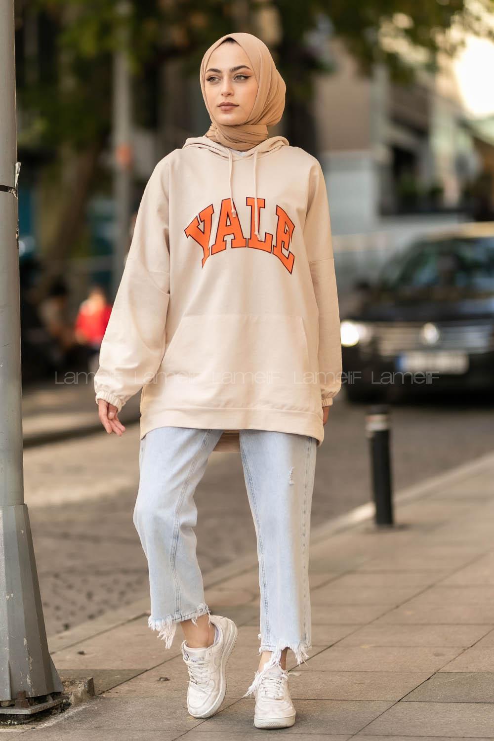 Modalamelif Yale Yazı Baskılı Kapüşon Detaylı Kanguru Cepli Sweat Bej