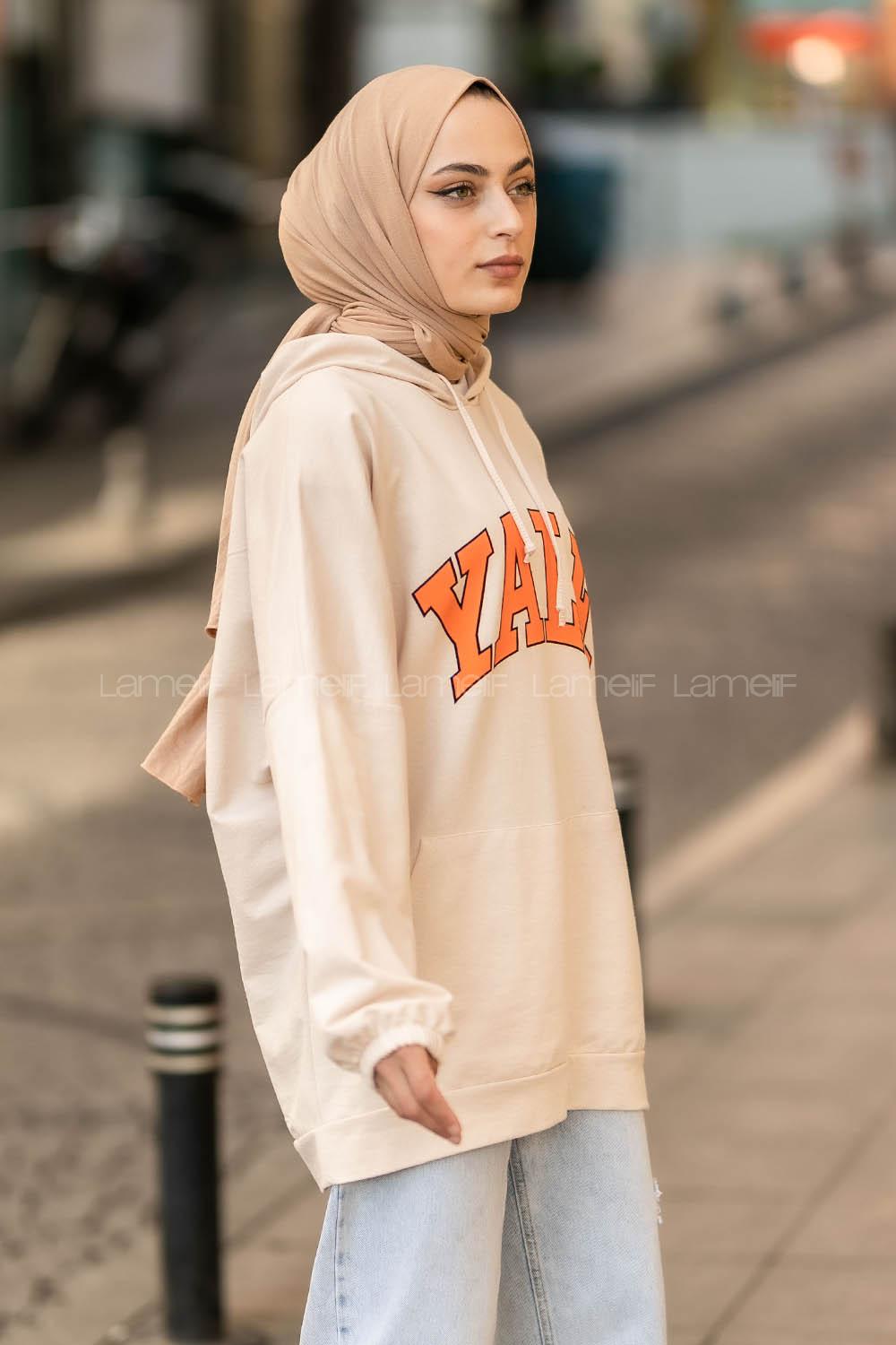 Modalamelif Yale Yazı Baskılı Kapüşon Detaylı Kanguru Cepli Sweat Bej