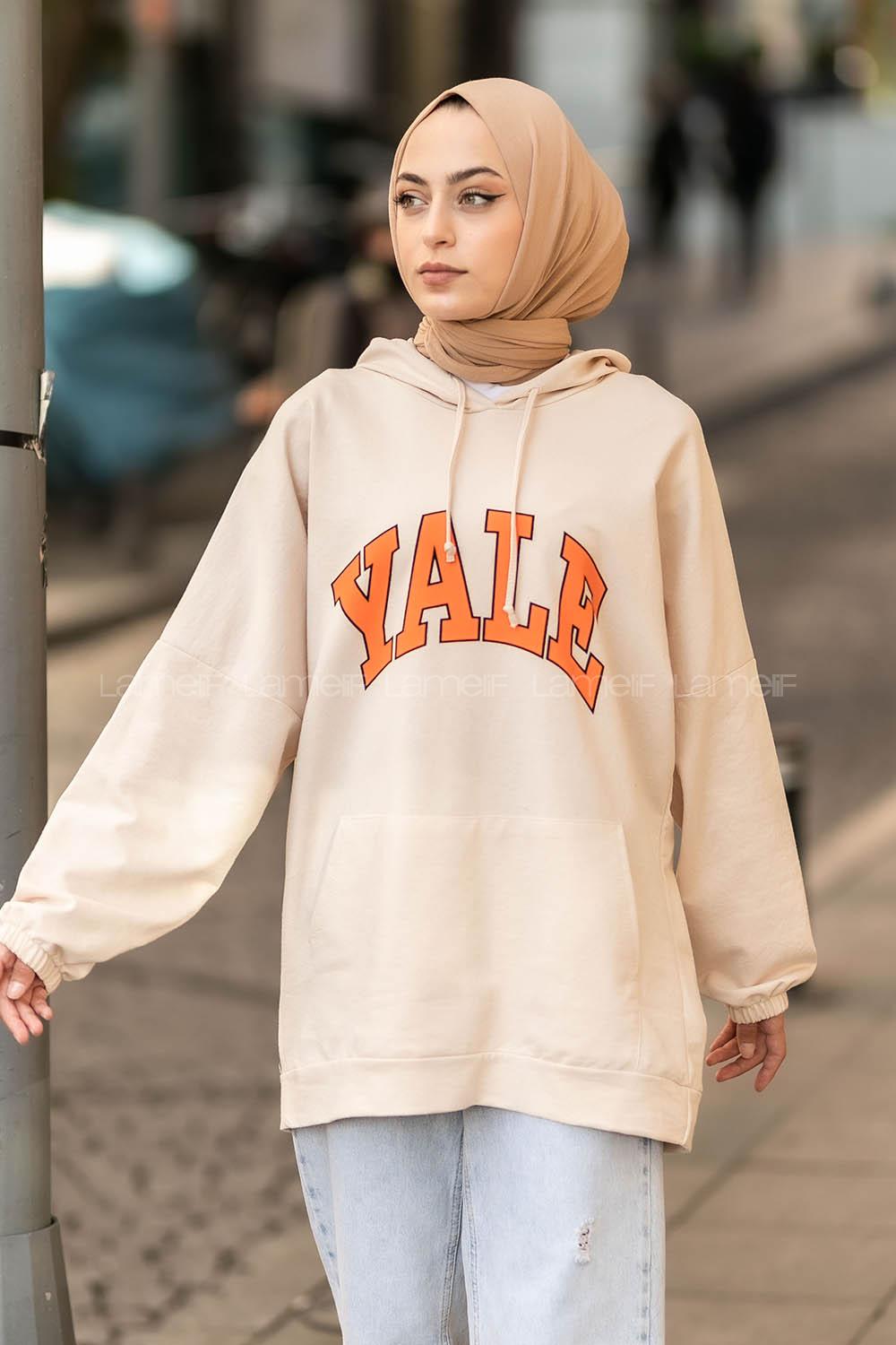 Modalamelif Yale Yazı Baskılı Kapüşon Detaylı Kanguru Cepli Sweat Bej