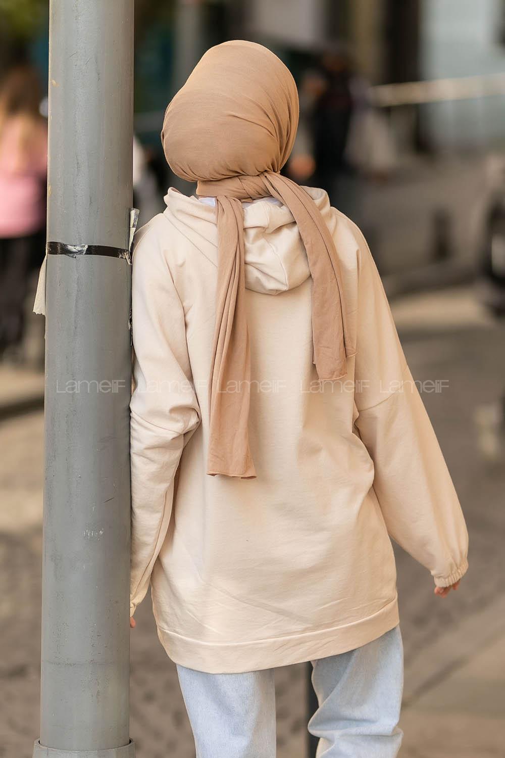 Modalamelif Yale Yazı Baskılı Kapüşon Detaylı Kanguru Cepli Sweat Bej