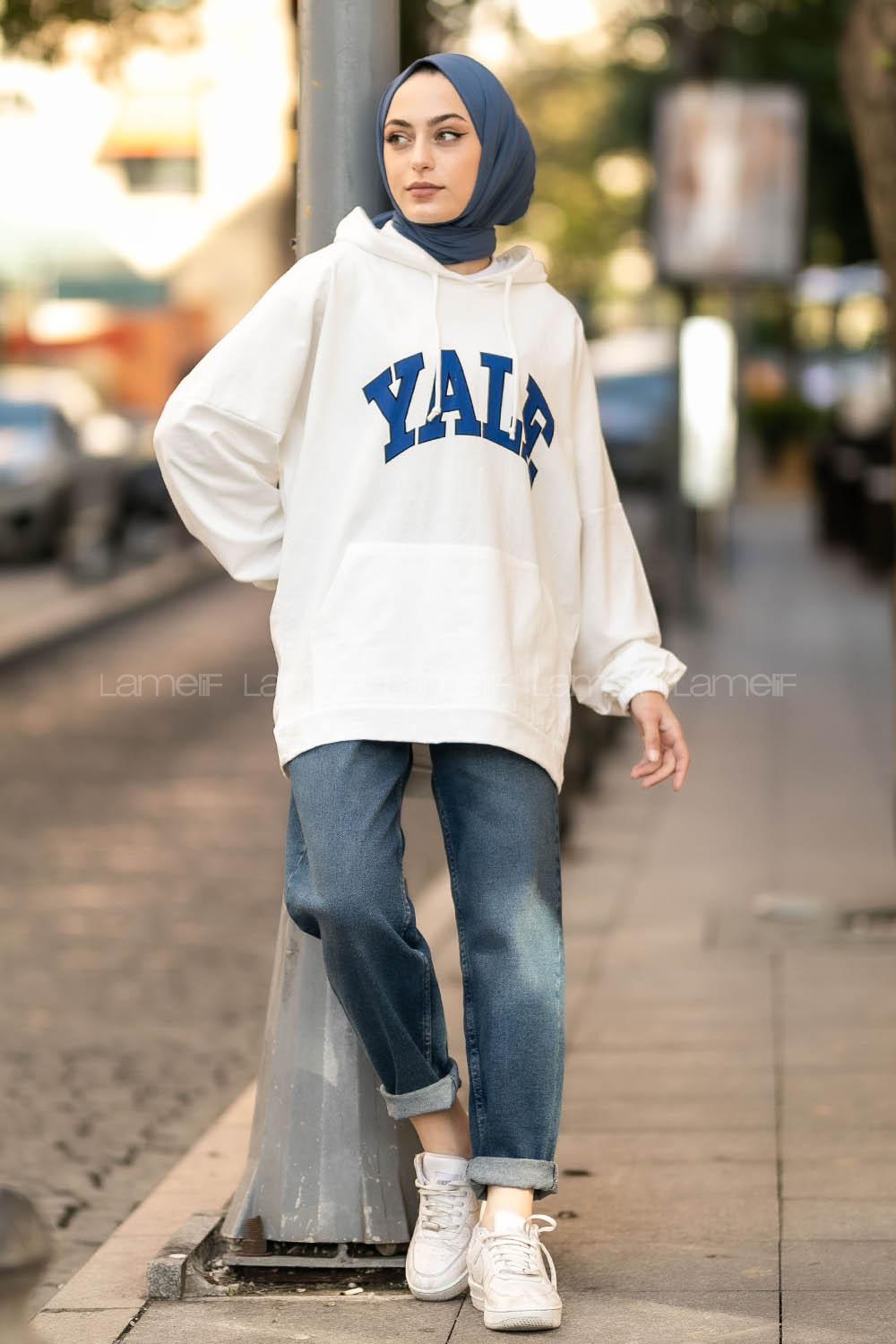 Modalamelif Yale Yazı Baskılı Kapüşon Detaylı Kanguru Cepli Sweat Beyaz