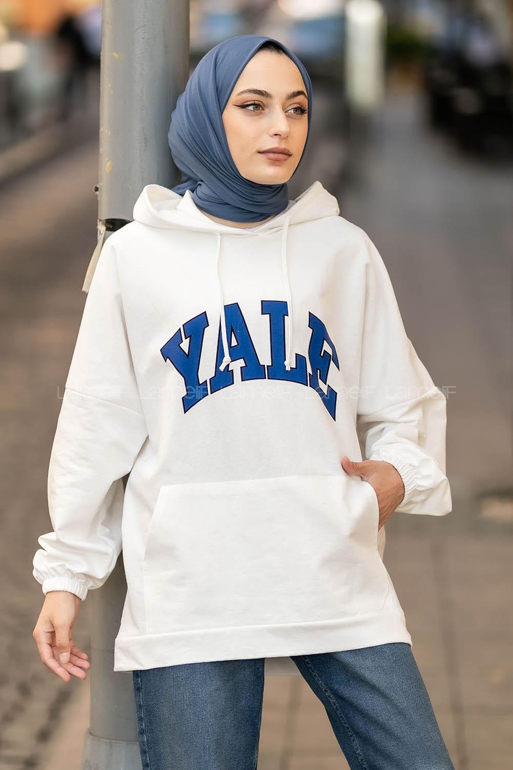 Modalamelif Yale Yazı Baskılı Kapüşon Detaylı Kanguru Cepli Sweat Beyaz