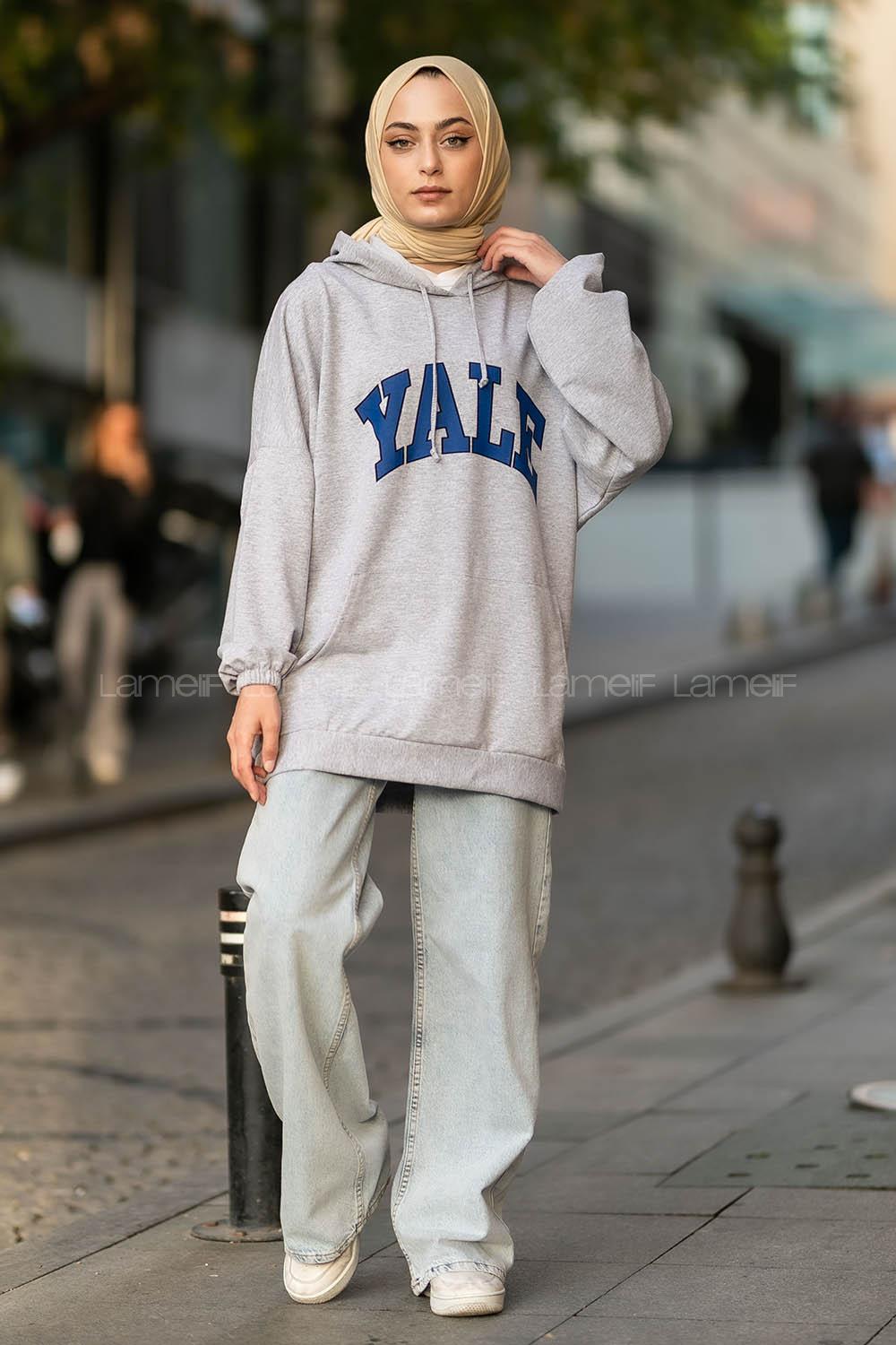 Modalamelif Yale Yazı Baskılı Kapüşon Detaylı Kanguru Cepli Sweat Gri