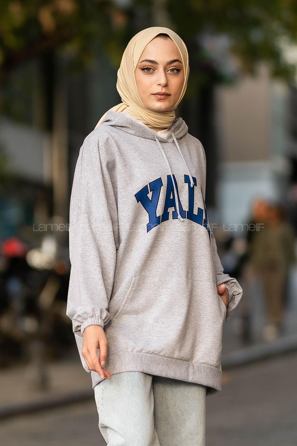 Modalamelif Yale Yazı Baskılı Kapüşon Detaylı Kanguru Cepli Sweat Gri