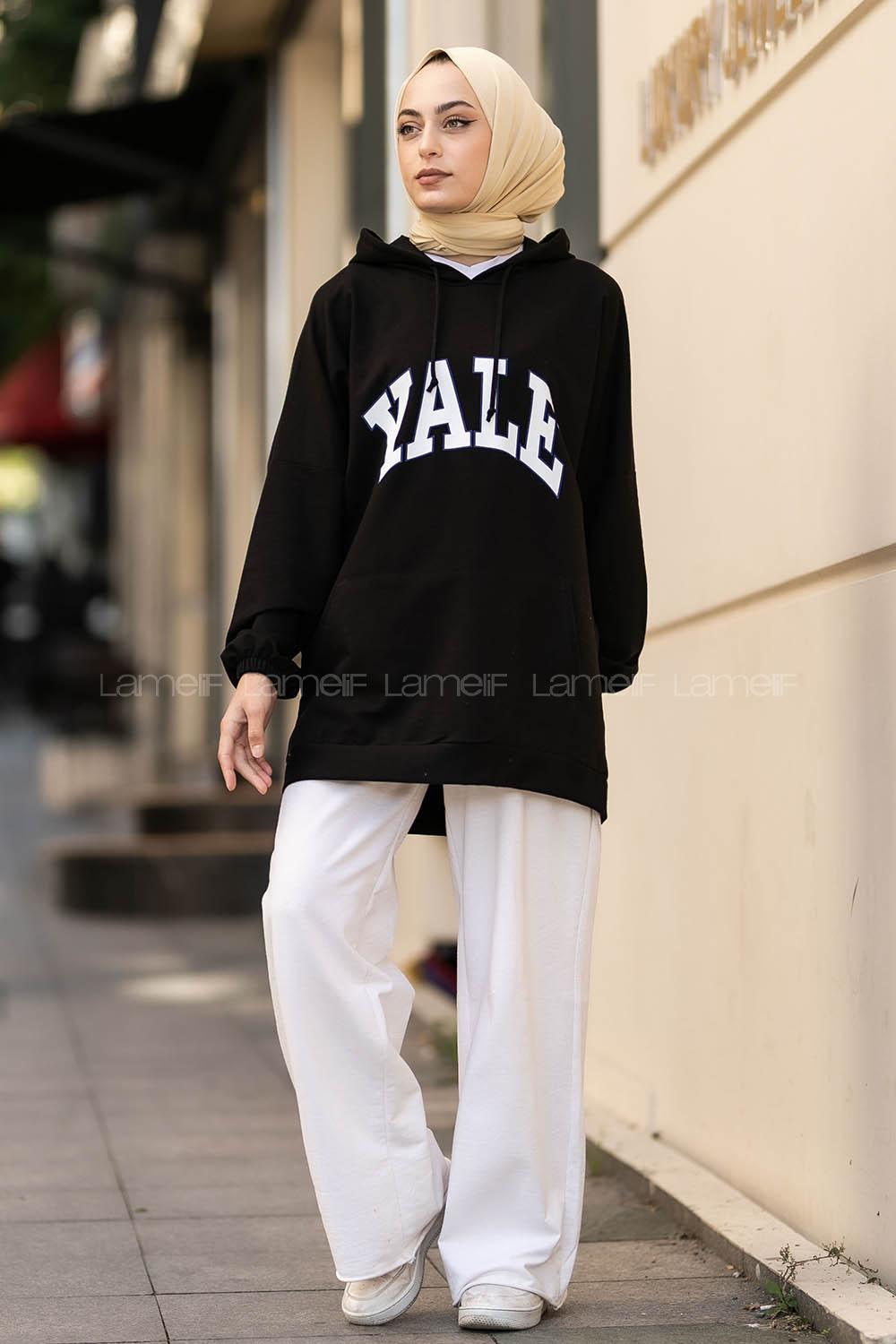Modalamelif Yale Yazı Baskılı Kapüşon Detaylı Kanguru Cepli Sweat Siyah