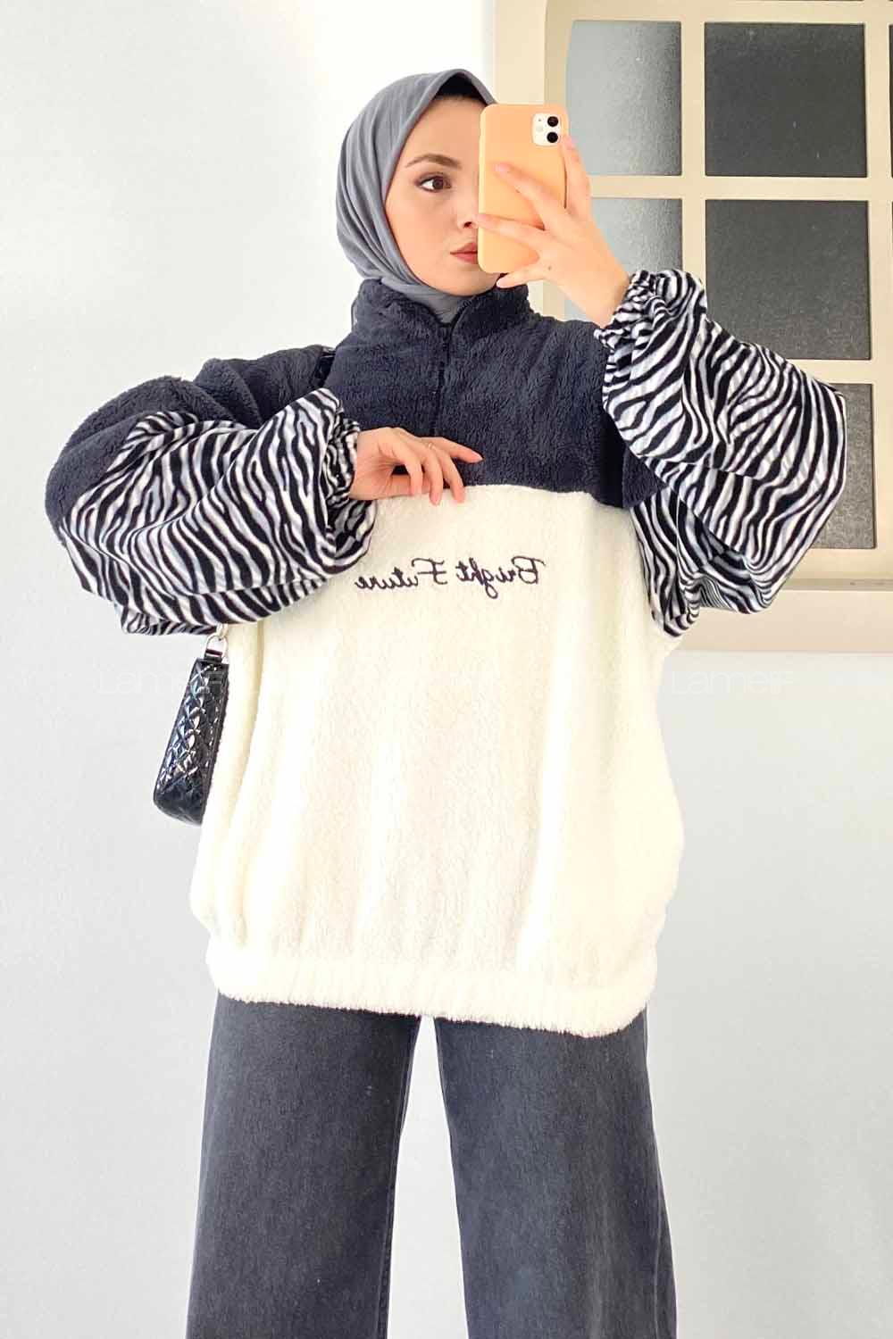 Modalamelif Yarım Fermuar Detaylı Zebra Desen Garnli Peluş Polar Antrasit-Ekru