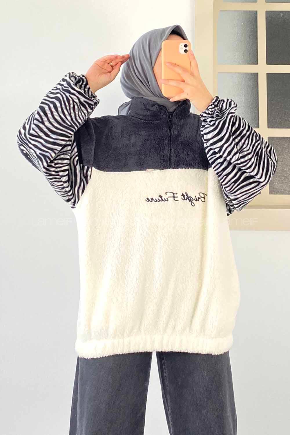 Modalamelif Yarım Fermuar Detaylı Zebra Desen Garnli Peluş Polar Antrasit-Ekru
