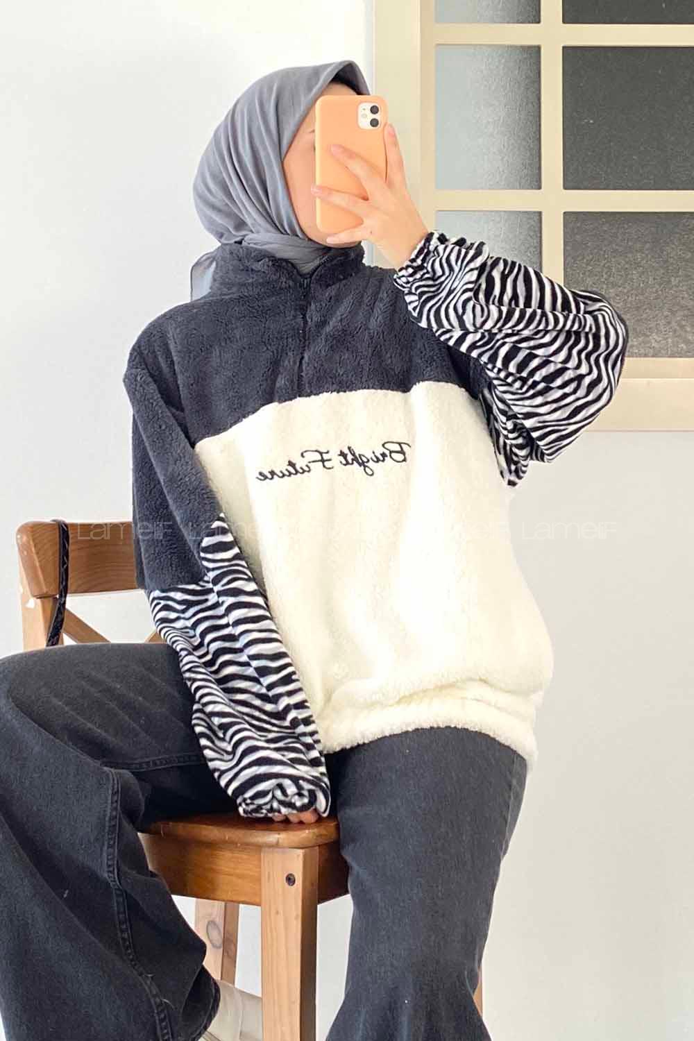 Modalamelif Yarım Fermuar Detaylı Zebra Desen Garnli Peluş Polar Antrasit-Ekru