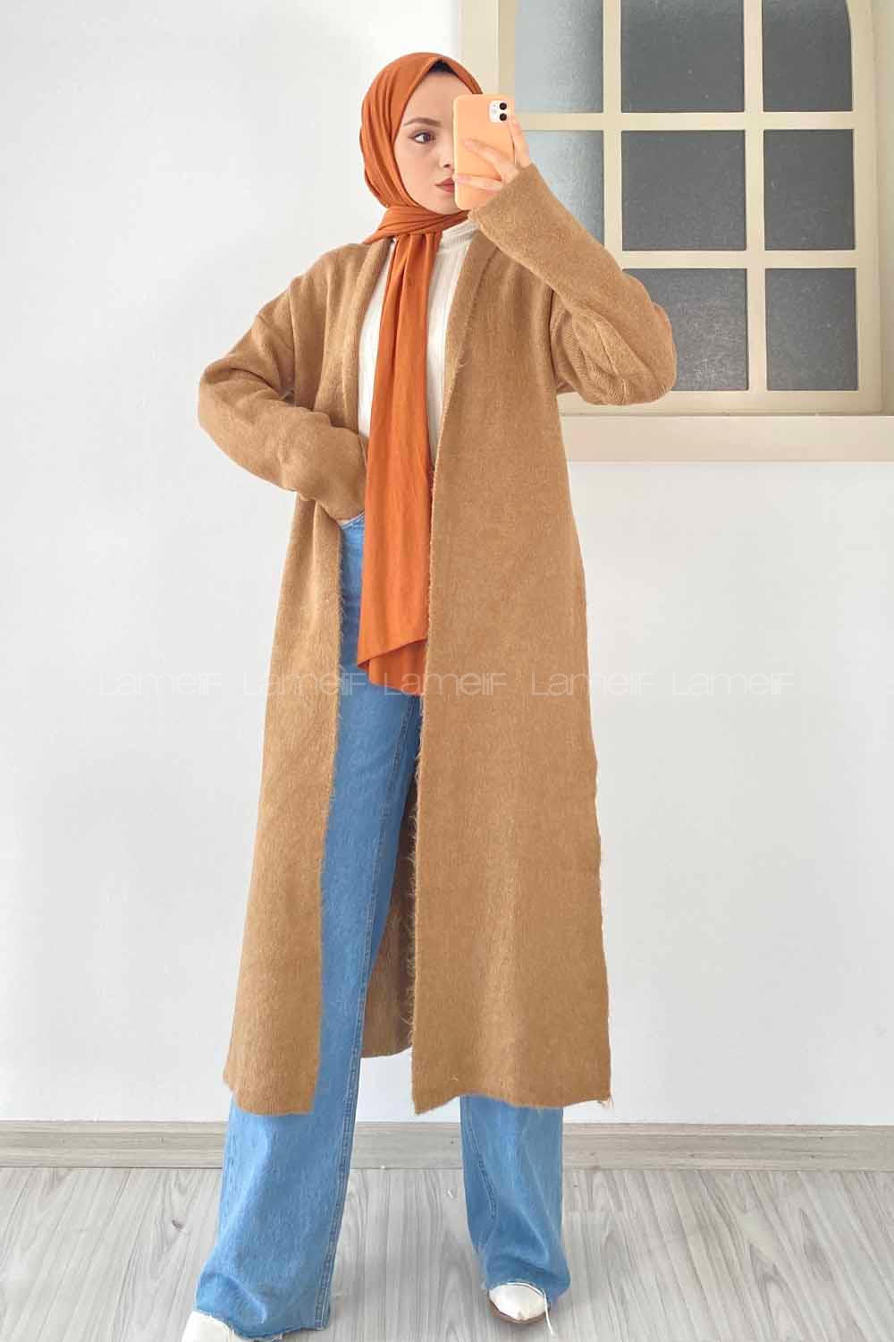 Modalamelif Yırtmaç Detaylı Uzun Triko Hırka Sütlükahve