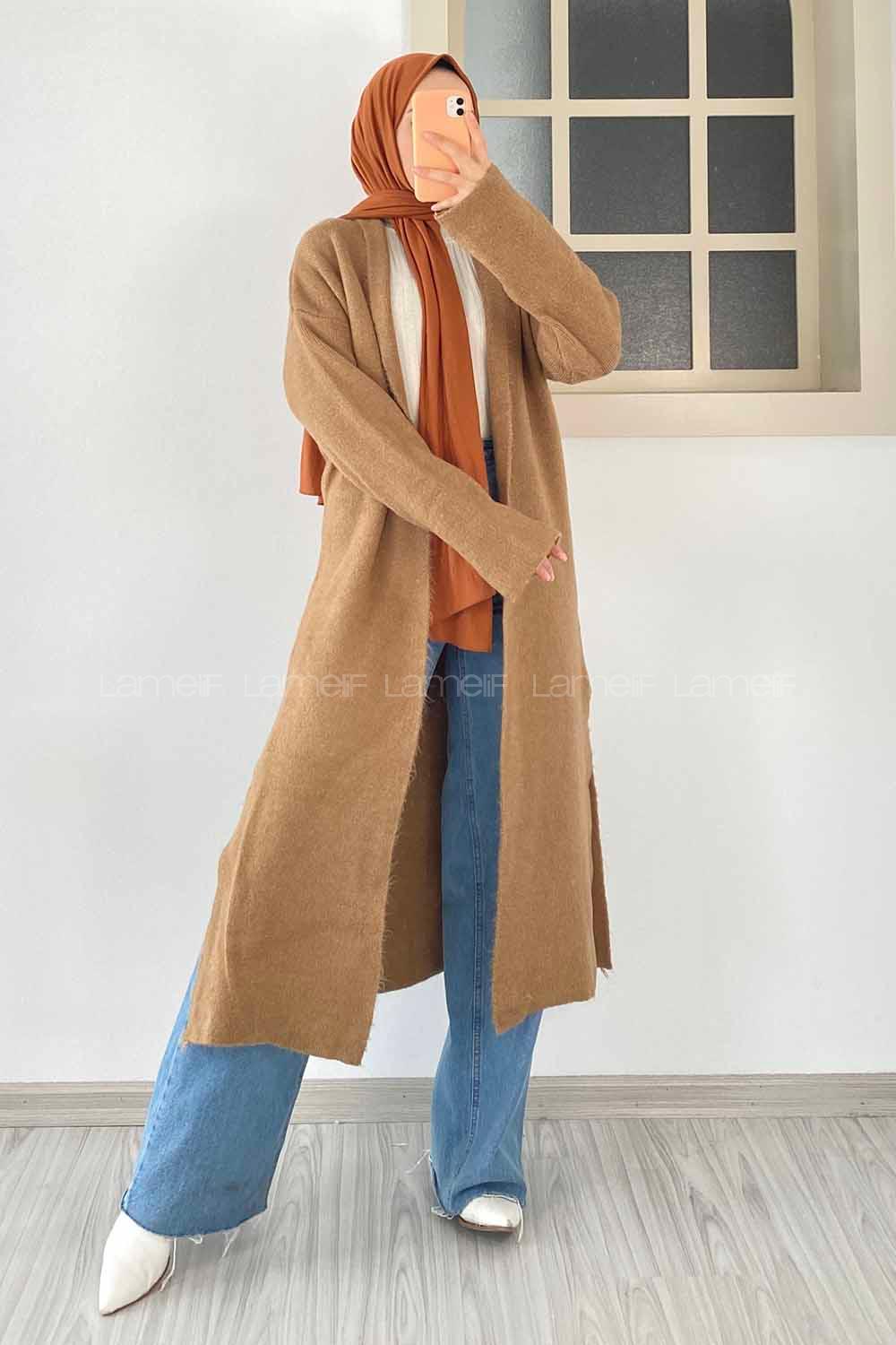 Modalamelif Yırtmaç Detaylı Uzun Triko Hırka Sütlükahve