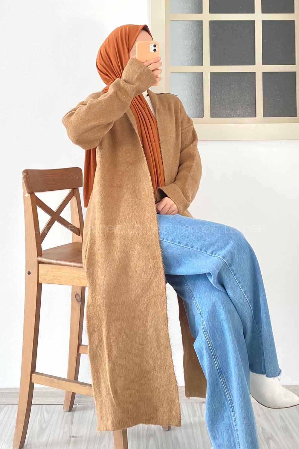 Modalamelif Yırtmaç Detaylı Uzun Triko Hırka Sütlükahve