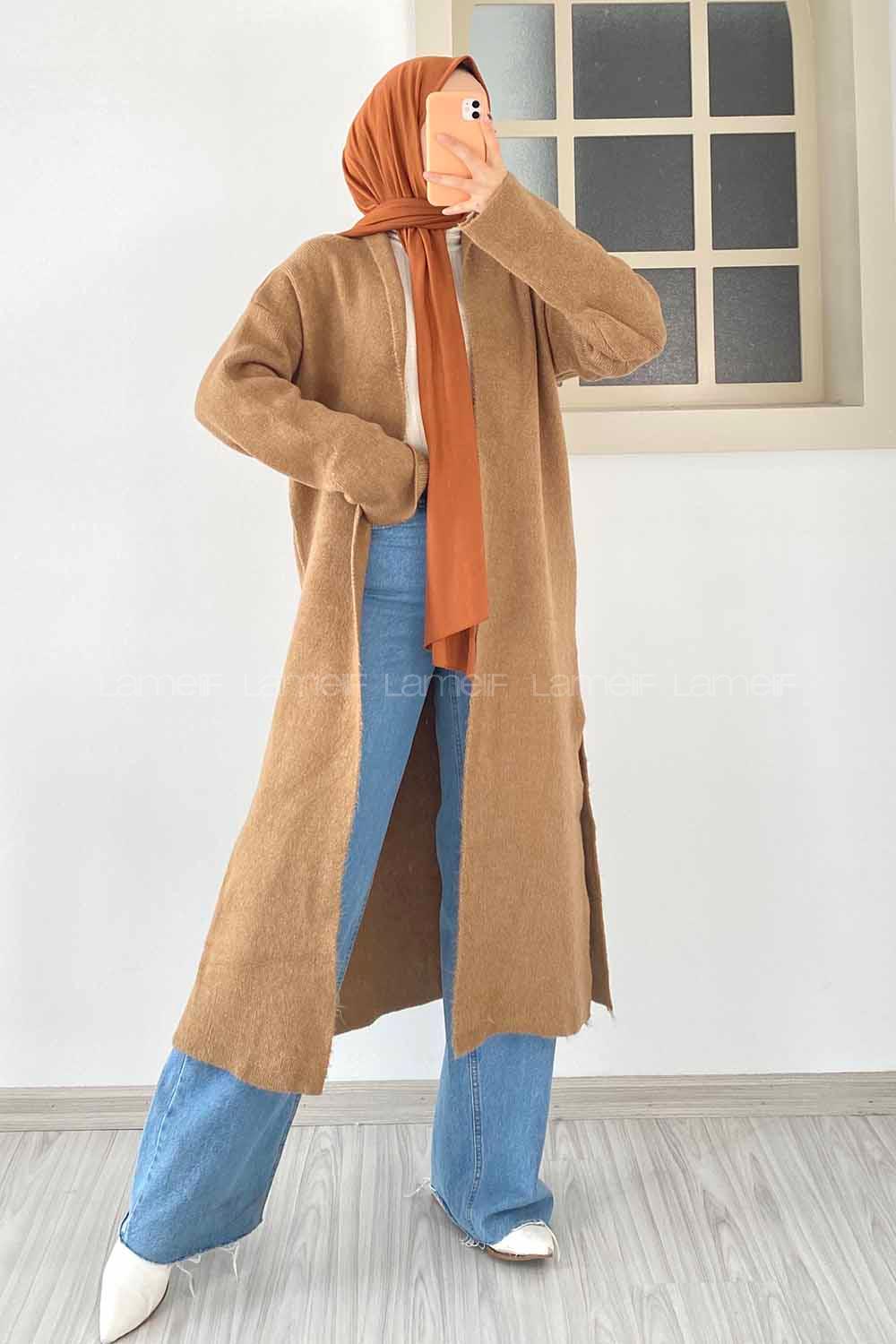 Modalamelif Yırtmaç Detaylı Uzun Triko Hırka Sütlükahve