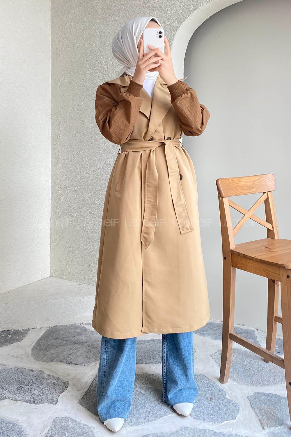 Modalamelif Beli Kuşak Bağlamalı Kol Garnili Trenç Sütlükahve