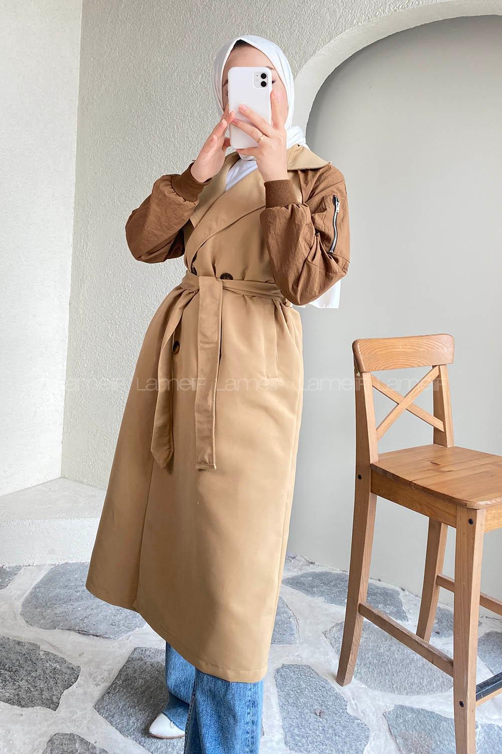 Modalamelif Beli Kuşak Bağlamalı Kol Garnili Trenç Sütlükahve