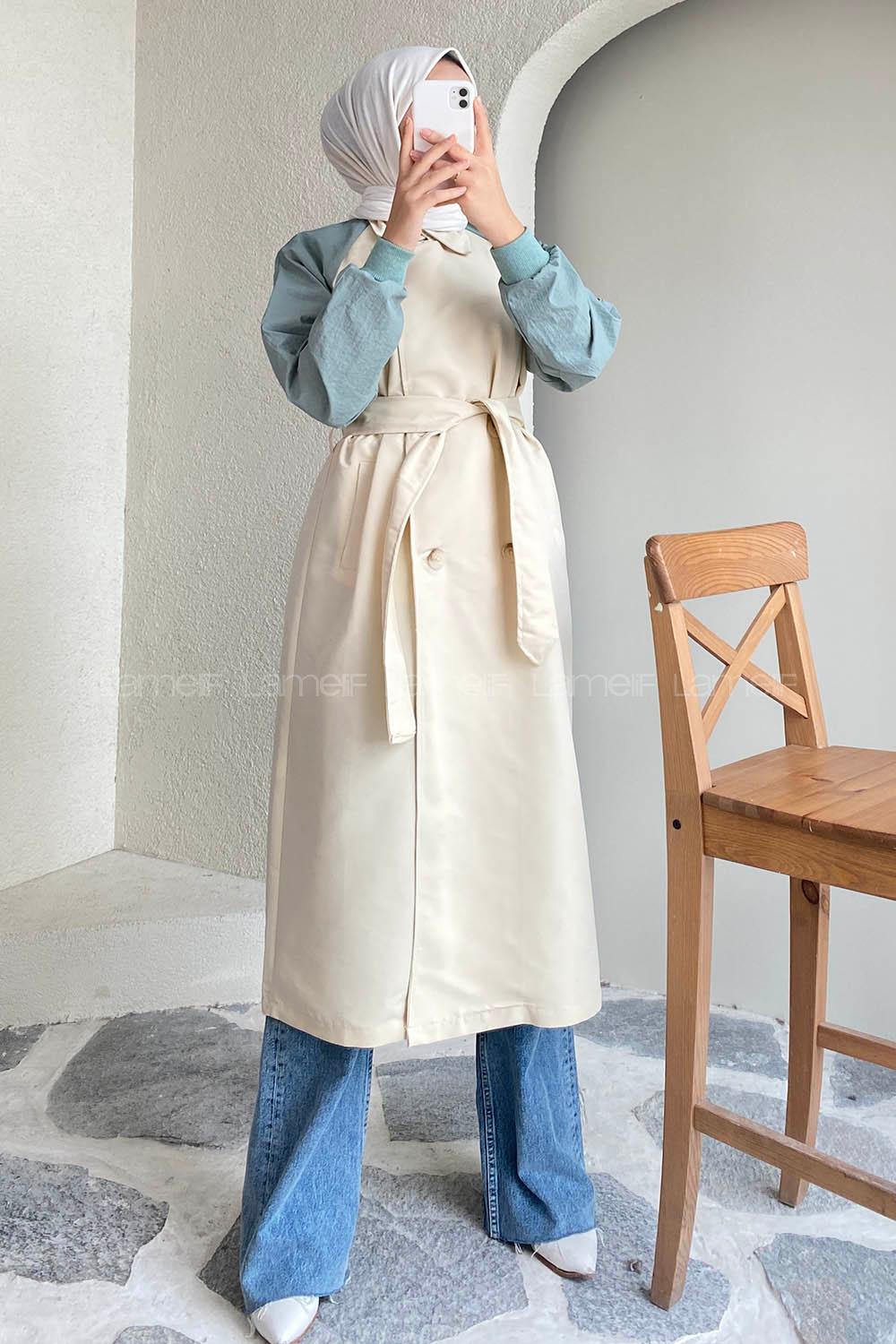 Modalamelif Beli Kuşak Bağlamalı Kol Garnili Trenç Taşrengi