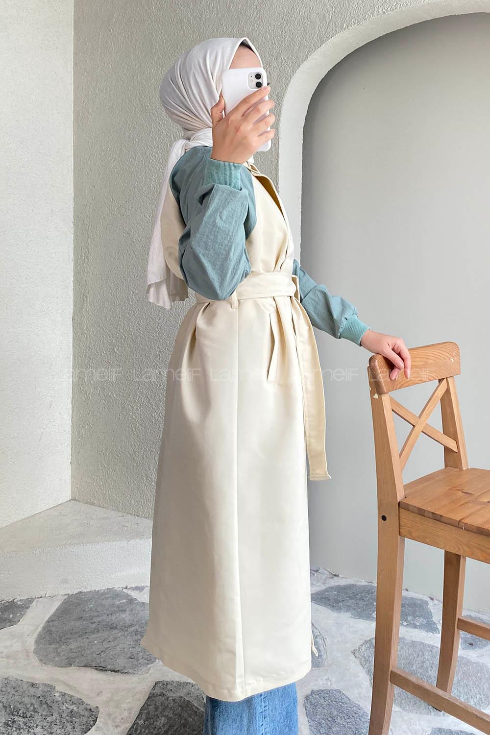 Modalamelif Beli Kuşak Bağlamalı Kol Garnili Trenç Taşrengi