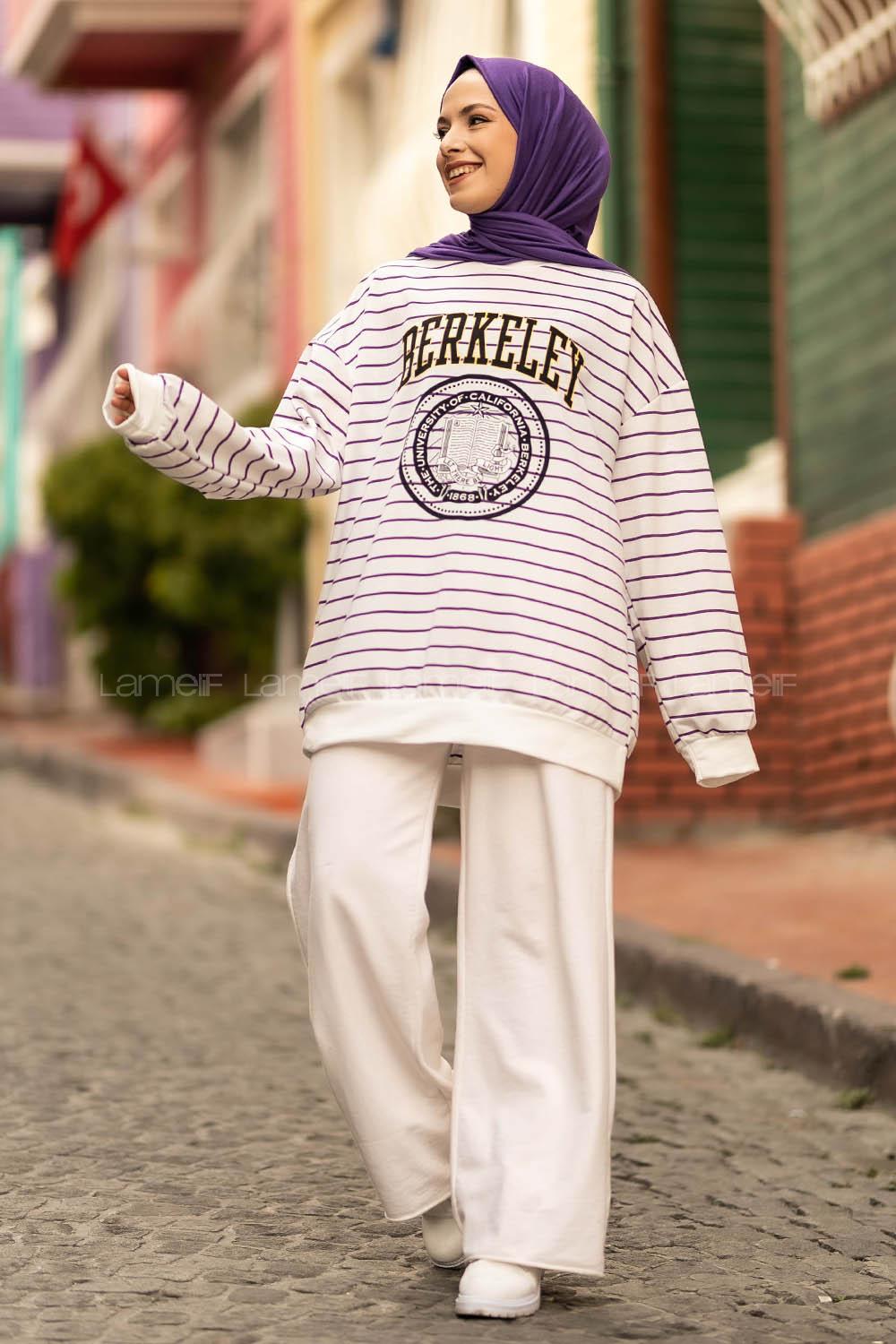 Modalamelif Berkeley Yazı Baskılı Çizgi Desenli Sweat Beyaz-Mor
