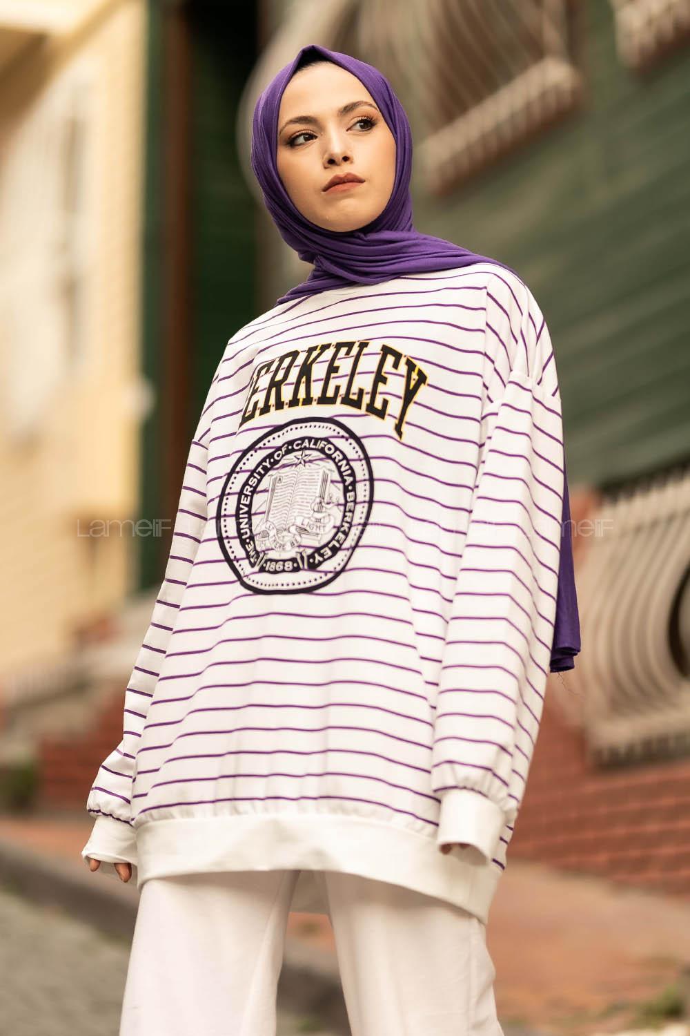 Modalamelif Berkeley Yazı Baskılı Çizgi Desenli Sweat Beyaz-Mor