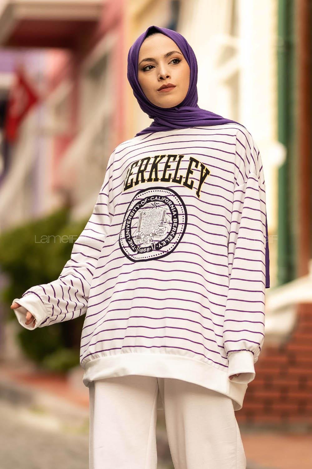 Modalamelif Berkeley Yazı Baskılı Çizgi Desenli Sweat Beyaz-Mor