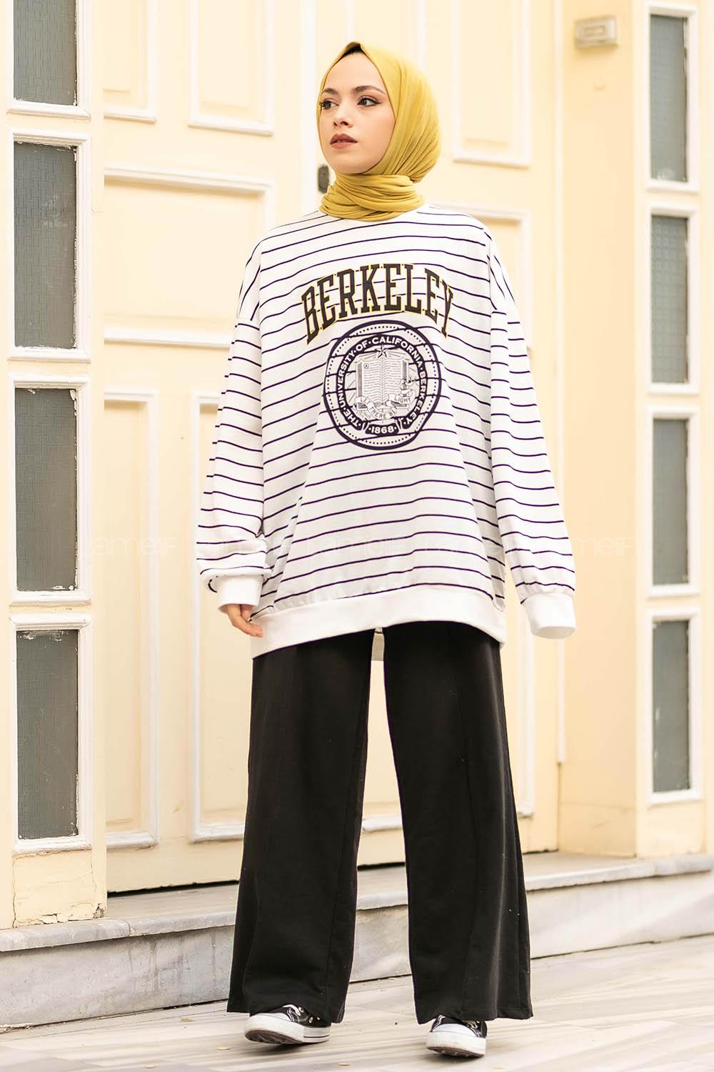 Modalamelif Berkeley Yazı Baskılı Çizgi Desenli Sweat Beyaz-Siyah