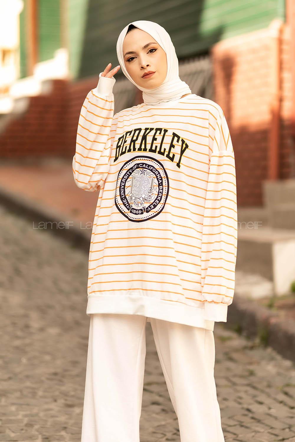 Modalamelif Berkeley Yazı Baskılı Çizgi Desenli Sweat Beyaz-Turuncu