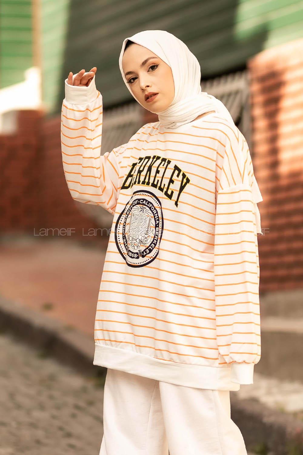 Modalamelif Berkeley Yazı Baskılı Çizgi Desenli Sweat Beyaz-Turuncu