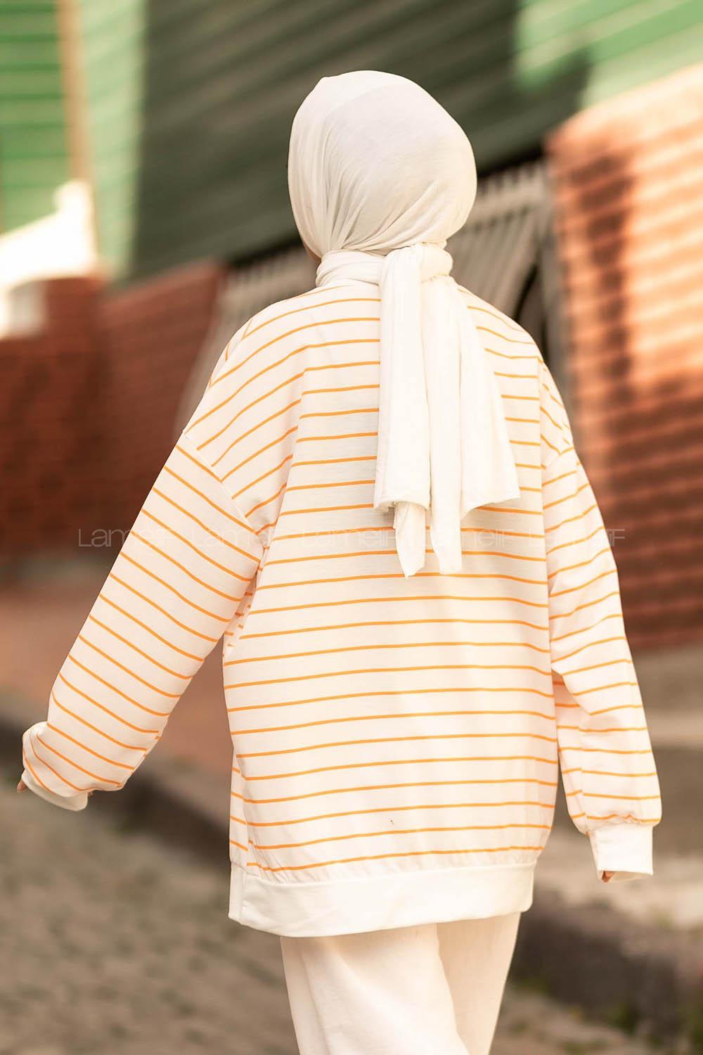 Modalamelif Berkeley Yazı Baskılı Çizgi Desenli Sweat Beyaz-Turuncu