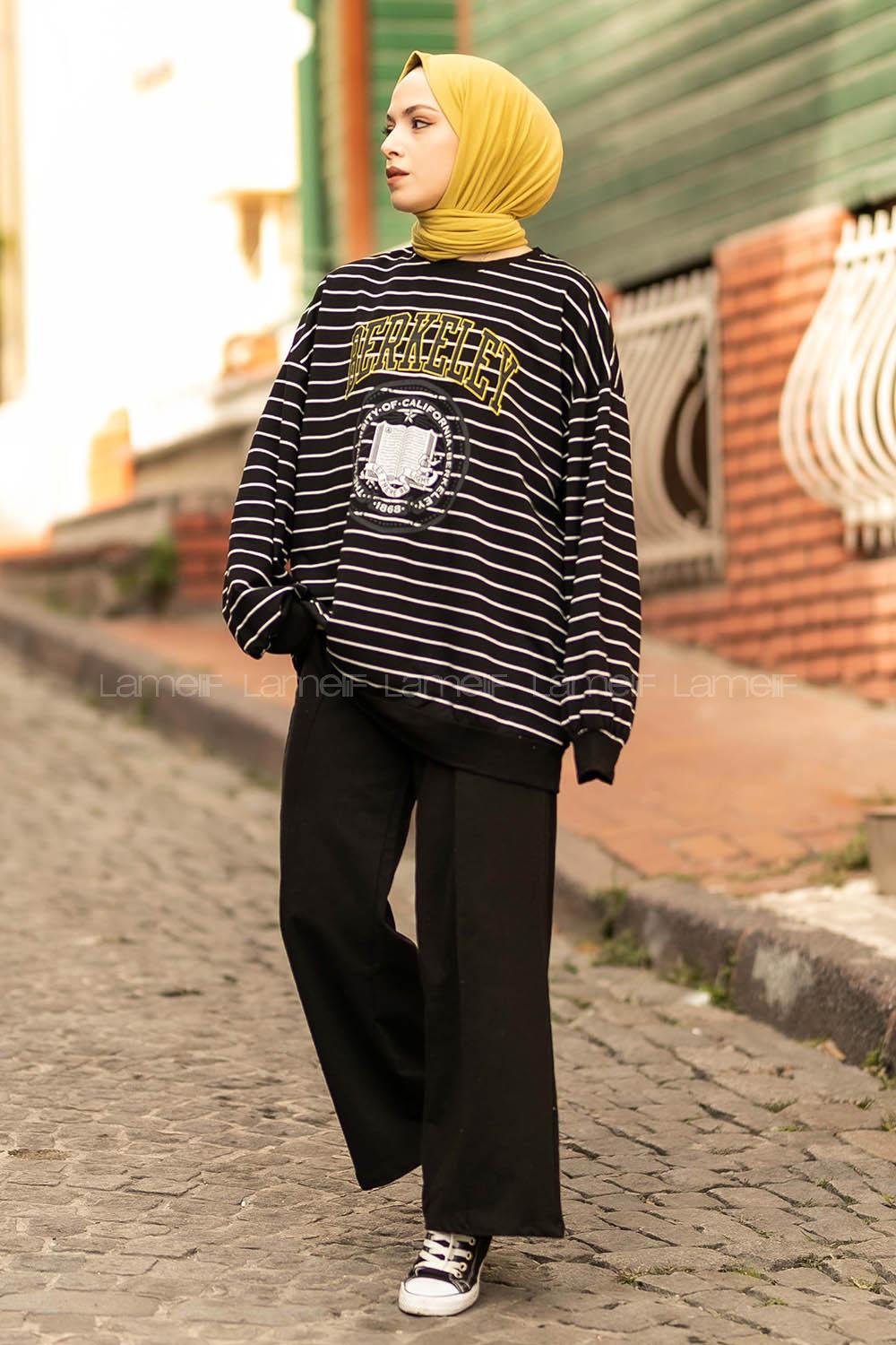 Modalamelif Berkeley Yazı Baskılı Çizgi Desenli Sweat Siyah-Beyaz