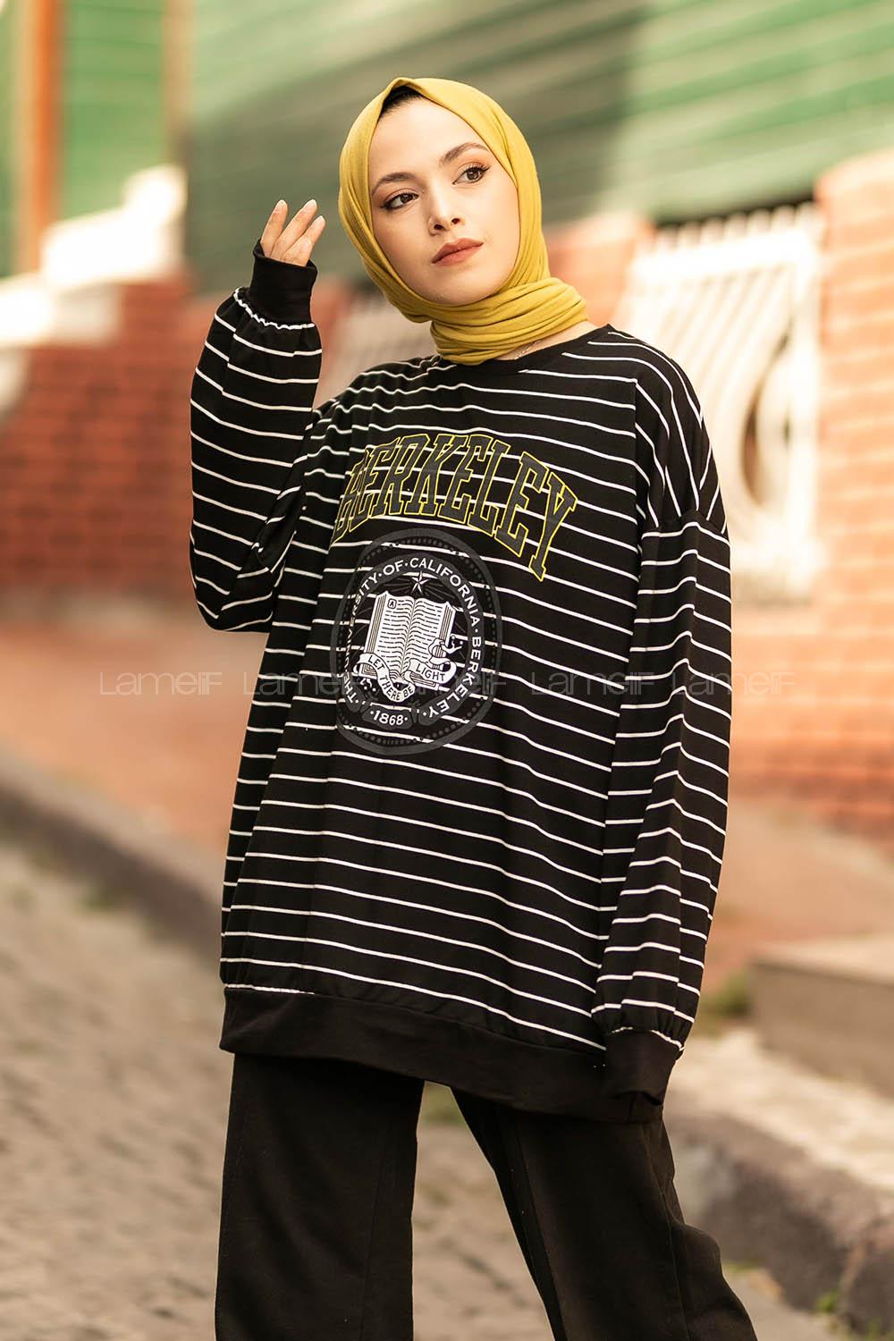 Modalamelif Berkeley Yazı Baskılı Çizgi Desenli Sweat Siyah-Beyaz