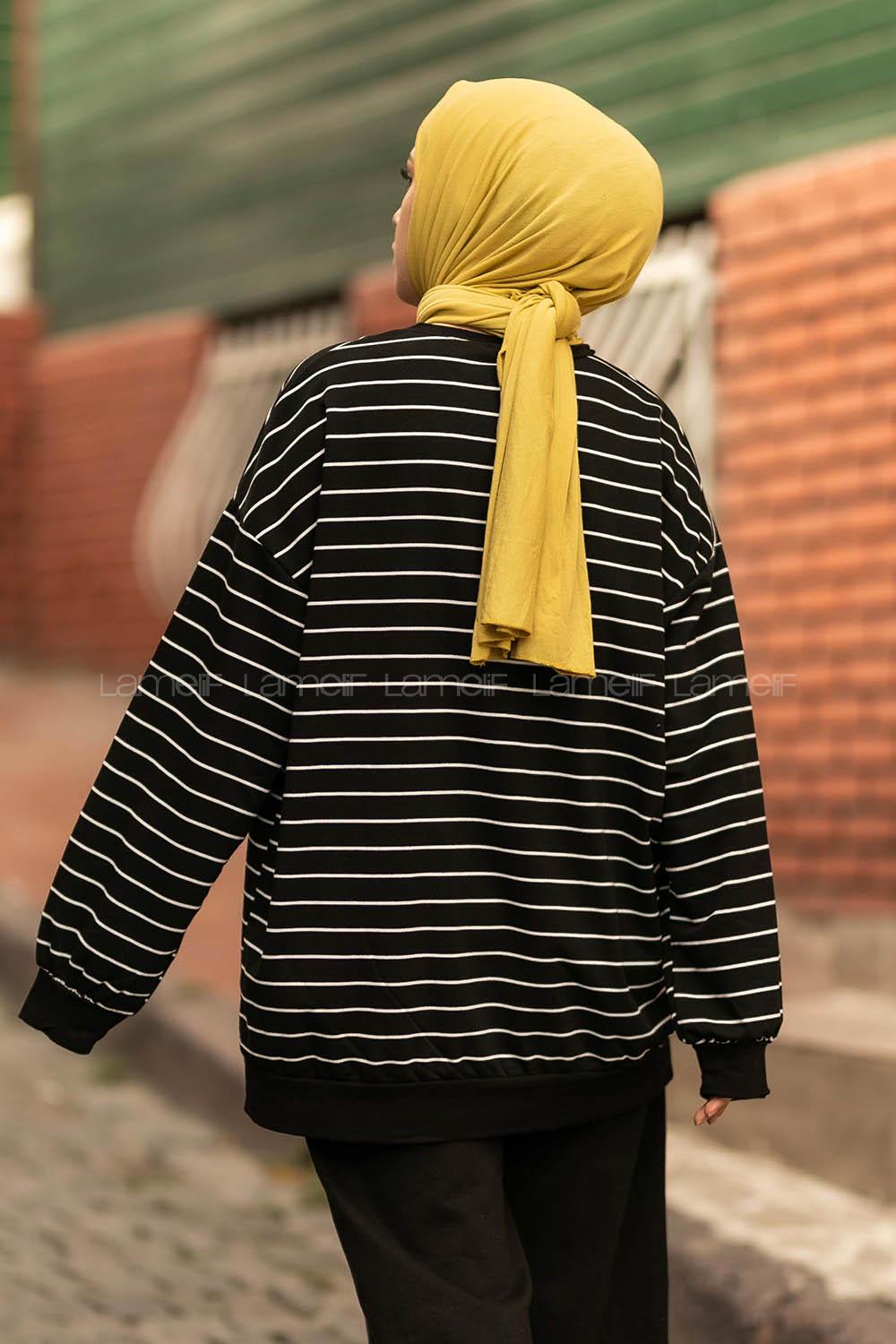 Modalamelif Berkeley Yazı Baskılı Çizgi Desenli Sweat Siyah-Beyaz